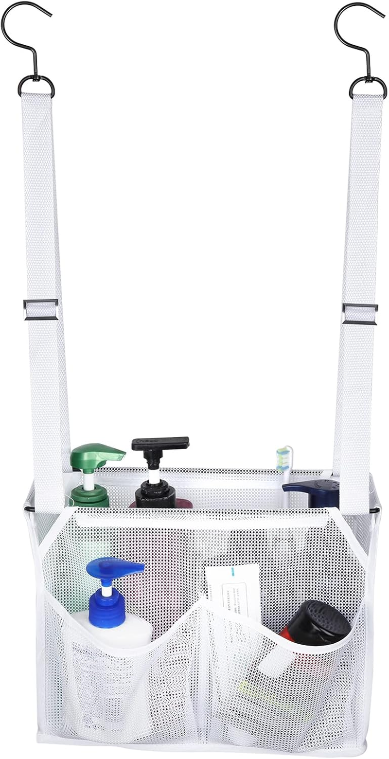 Hanging Mesh Shower Caddy College with Hooks, Bath Baskets Organizer Storage with 4 Pockets for College Dorm Rooms, Gym, Swimming and Travel (White)