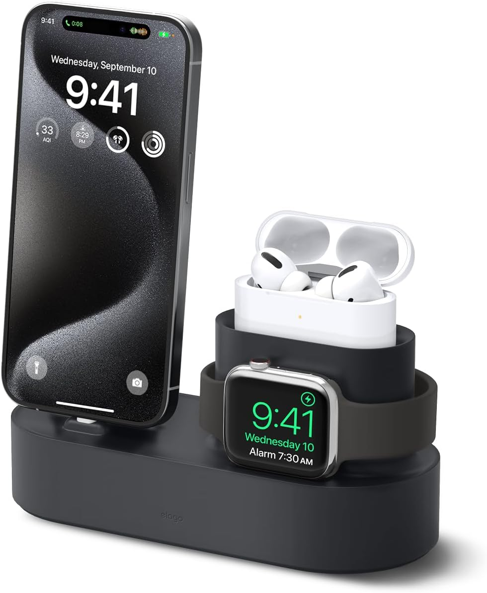 Elago 3 in 1 Charging Station Compatible with Apple Watch Series(10/9/8/7/6/5/4/3/2/1/Se), Compatible with All Iphone Series, Airpods Pro 2/1, Airpods 3/2/1 [Cables NOT Included] (Black)