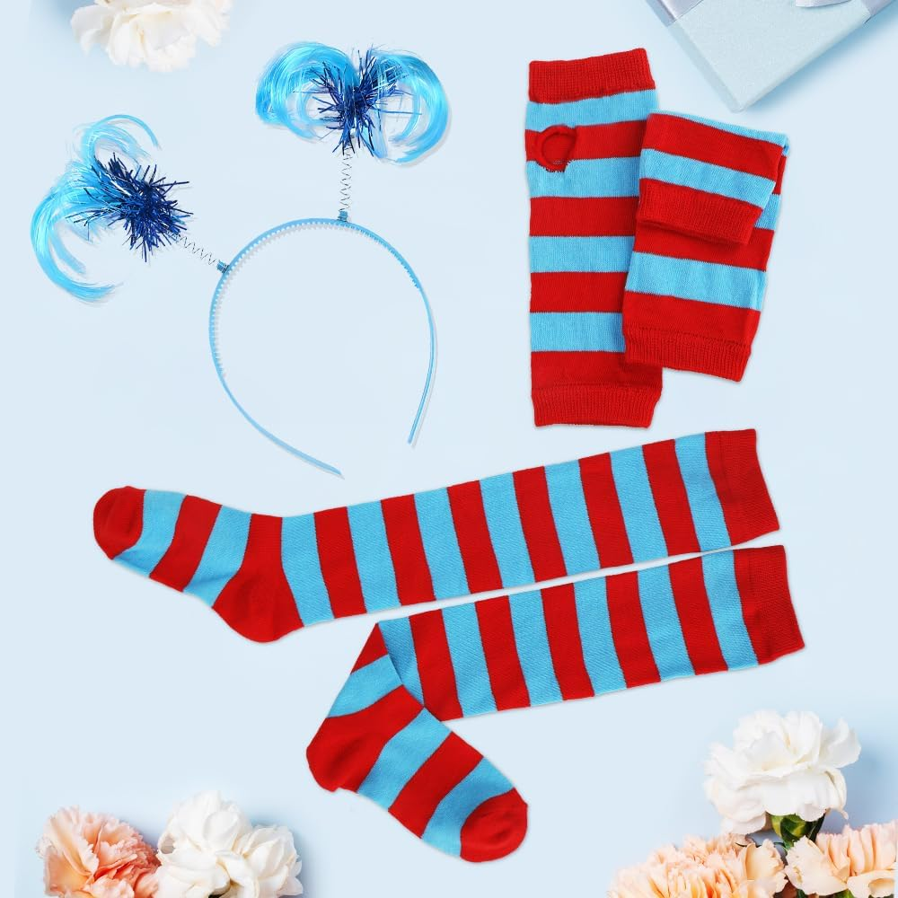 Fayrvind Red and Blue Costume Set for Woman Include Blue Tutu Skirt Striped Socks Stretchy Gloves Ponytails Headband Halloween Costumes Outfits Accessories Book Week Costume