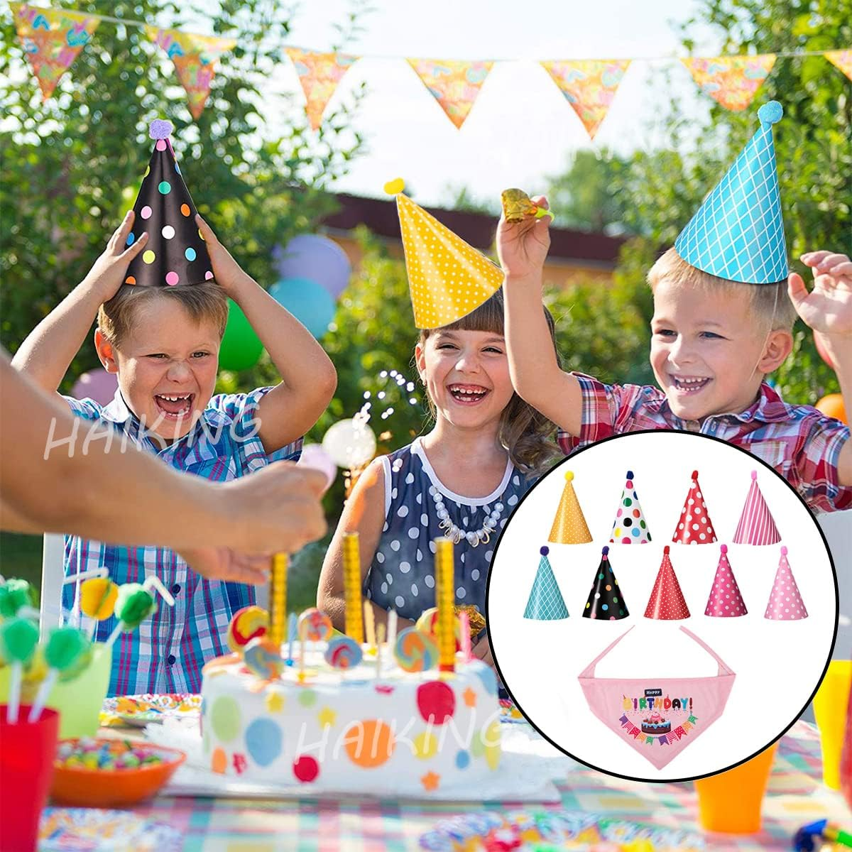 HAIKING Dog Birthday Bandana and Hat Set, 9 Pcs Mixed Color Triangle Birthday Dog Cute Hat with 1 Pcs Adjustable Birthday Bandana for Pet Party Celebrate image number 5