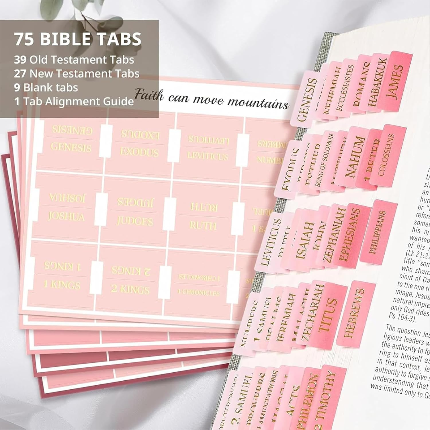 Bible Tabs, Pink Ombre with Gold Lettering, Self-Adhesive Book Dividers for Bible Navigation