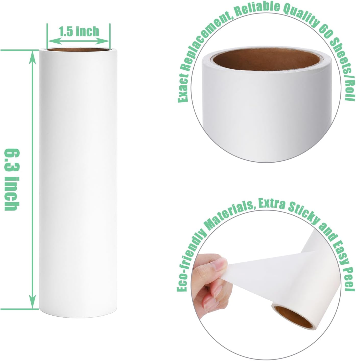 6.3 Inch Lint Roller Refills Only, Extra Sticky Lint Remover Refills for Pet Hair Sticky Roller Refill Adhesive Tape Easy Peel 60 Sheets per Roll, Pack of 5, Total 300 Sheets (6.3'' Wide) image number 5