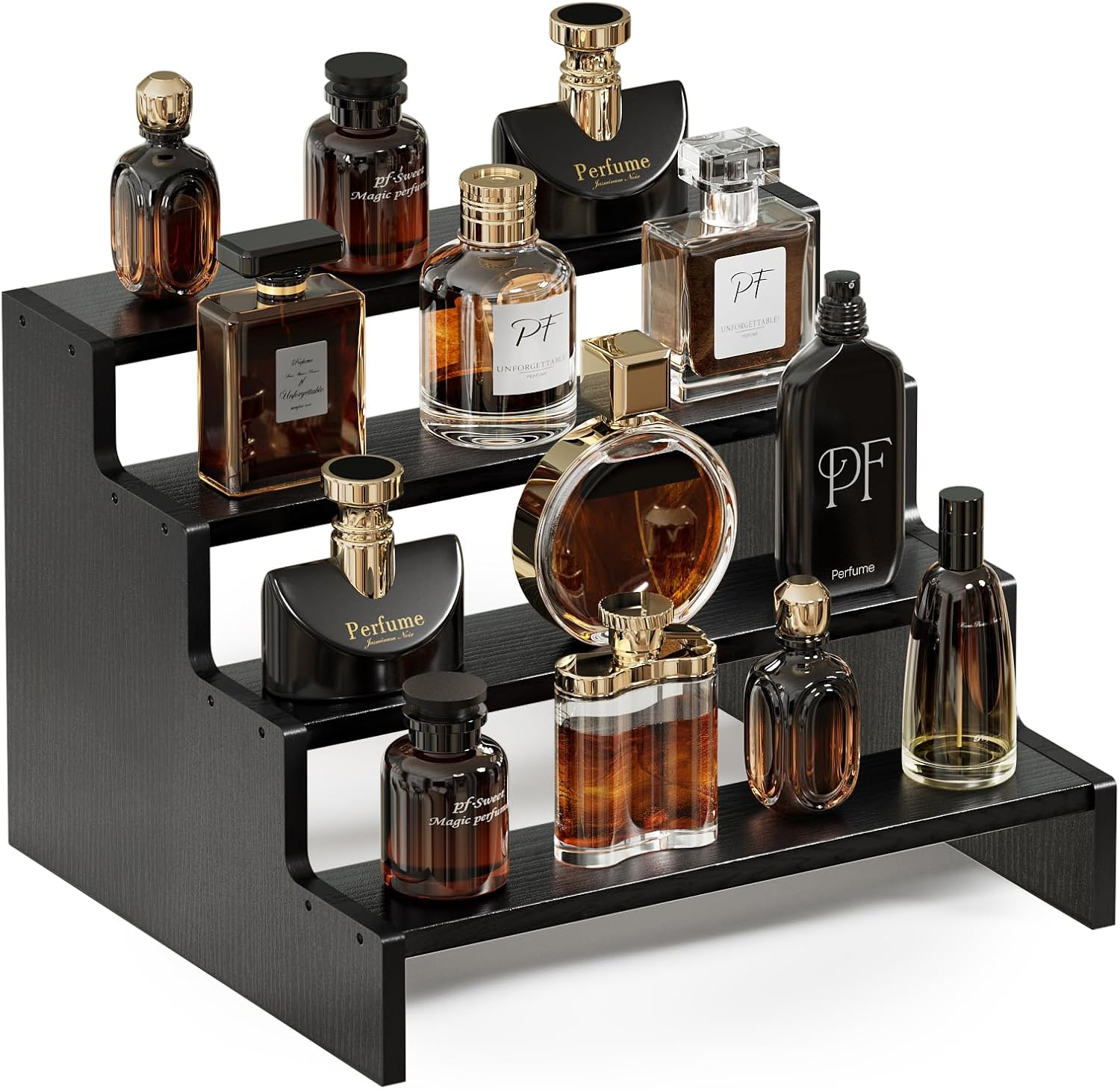 Procase Wooden Cologne Organizer for Men, 4 Tier Perfume Organizer Display Risers, Mens Cologne Stand Holder Organizer, Cologne Shelf Rack for Fragrances Candles Cosmetics Cupcake Figure -Black