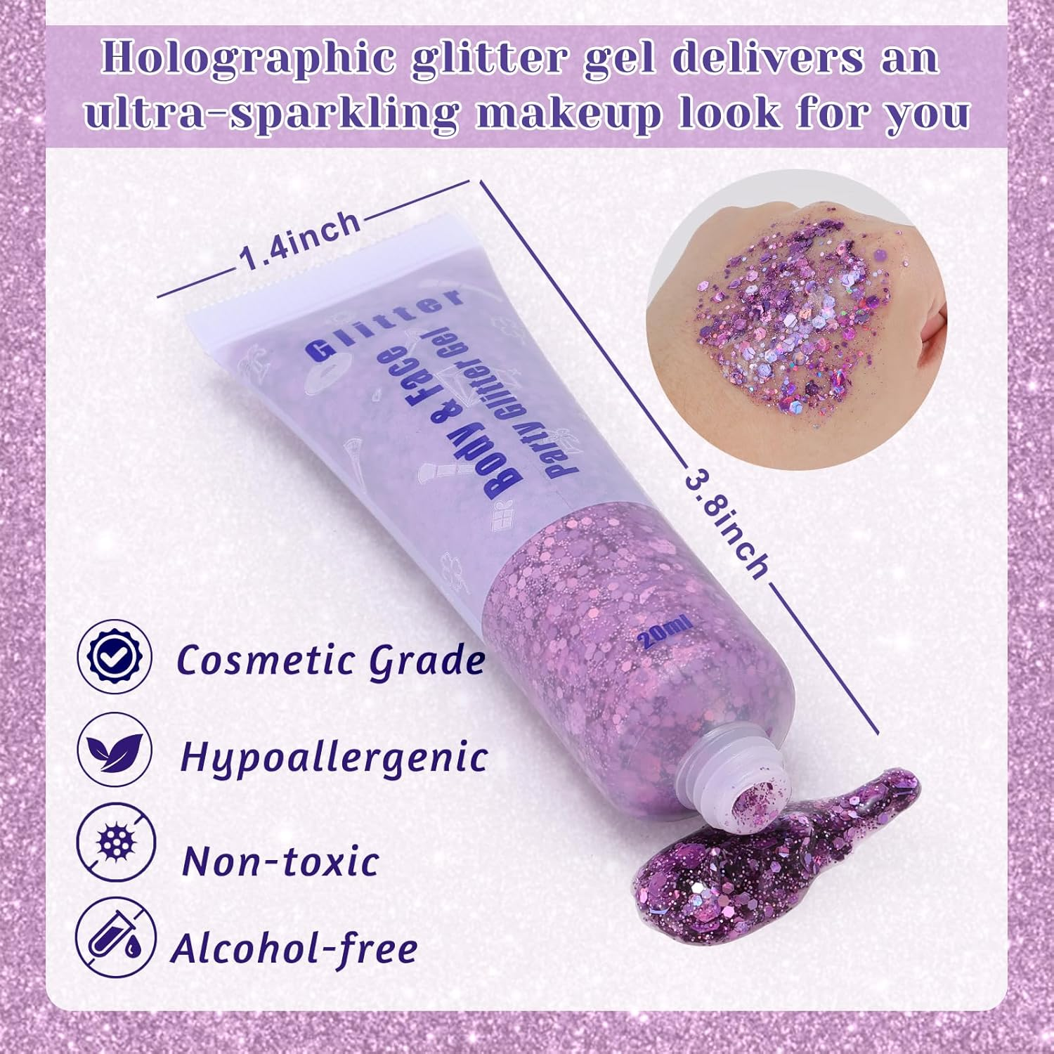 DAGEDA 20Ml Purple Body Glitter Gel, Face Hair Glitter Gel Mermaid Makeup Sequins Shimmer Liquid Eyeshadow, Singer Concert Festival Party Rave Accessories Halloween Holographic Glitter Makeup - Gold image number 2