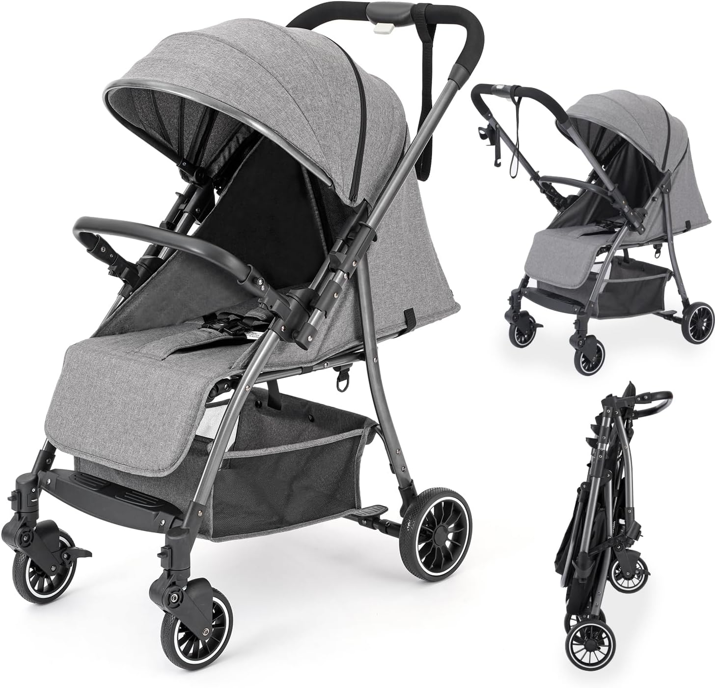 Lightweight Baby Stroller, Compact Travel Stroller for Airplane with One-Click Fold, Toddler Stroller with Adjustable Backrest & Canopy, Large Storage, Large Seat Area, Steel Frame for Travel and More