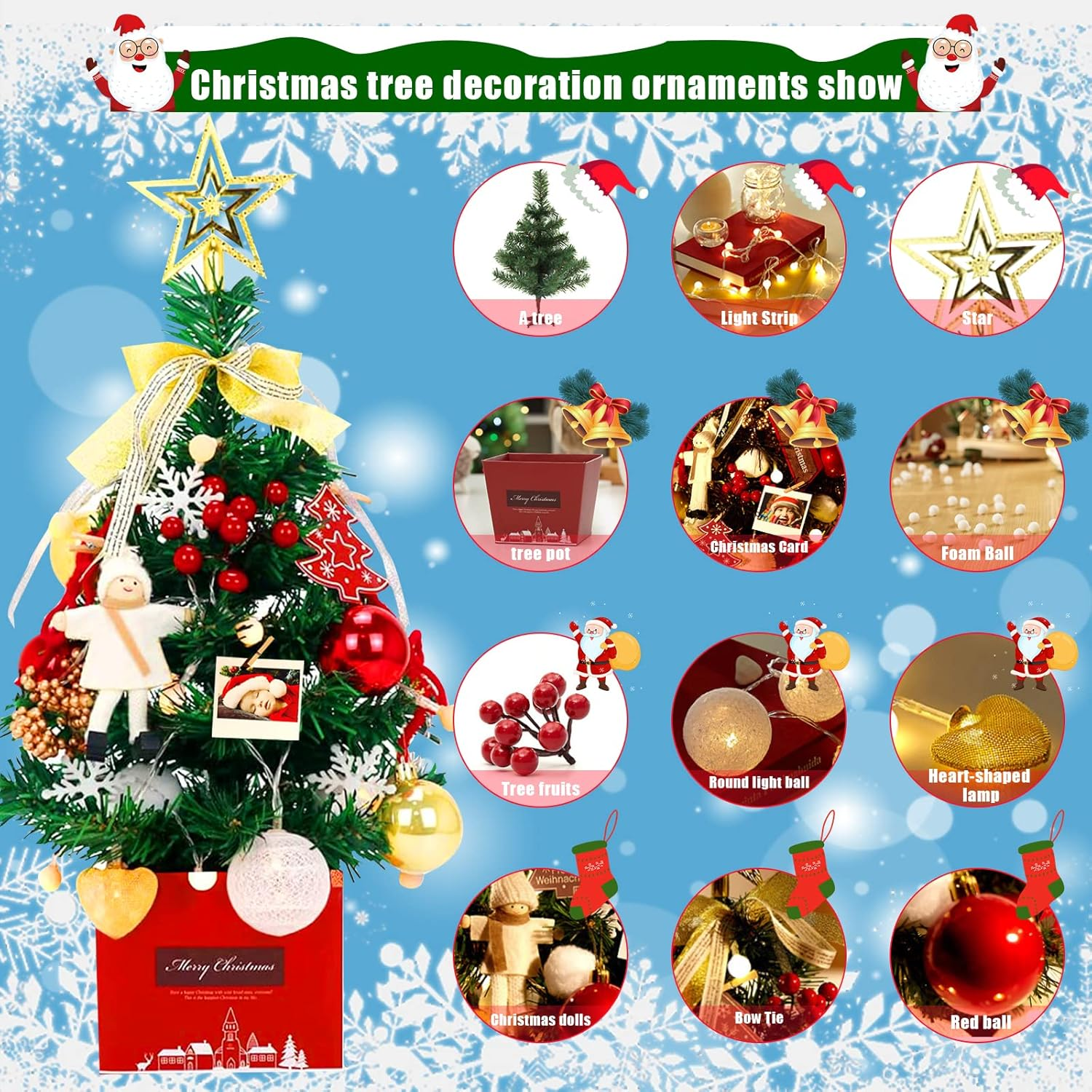 50Cm Artificial Christmas Tree, Mini Christmas Tree Decoration, 24In Small Tabletop Xmas Tree with Xmas Ball Stars Bow Ornaments for Home Office Shop Desktop Party Decor (Gold, 1.6Ft) - Green, 2Ft image number 3