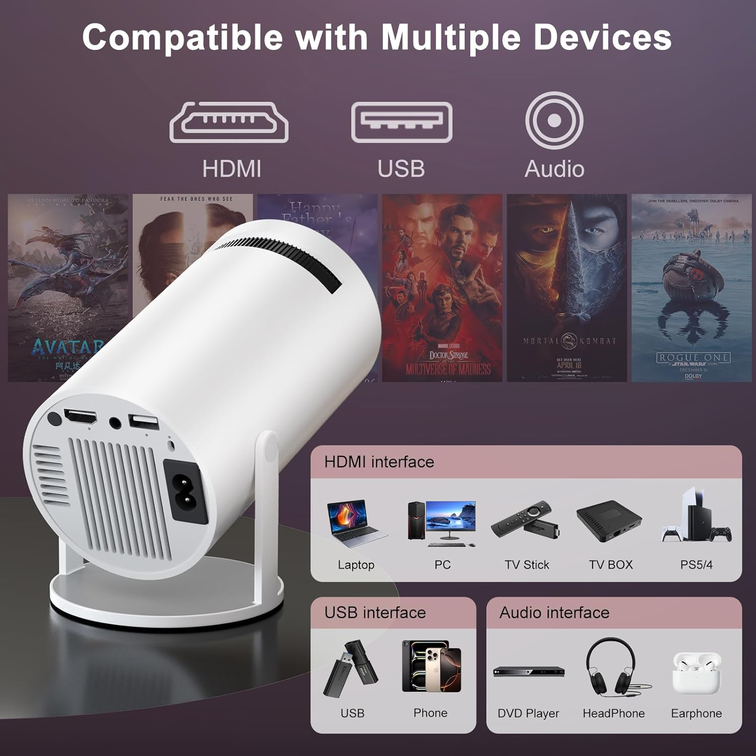 UWECAN Mini Projector Supports 4K 1080P, Smart Projector with Auto Focus and Auto Keystone Correction, Portable Projector with Wifi and Bluetooth, 180&deg; Rotatable Outdoor/Home Movie Projector image number 1