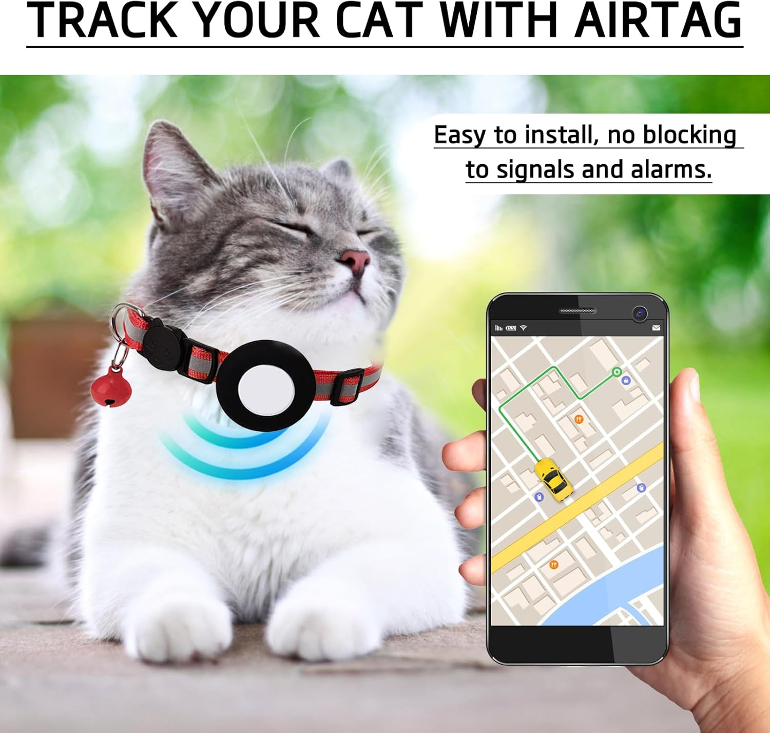 Cat Collar with Holder and Bell, Reflective, Compatible with Cat Tracker, Cat Collar with Safety Buckle, Adjustable Size, Nylon Strap, Comfortable GPS Not Included (Set B)