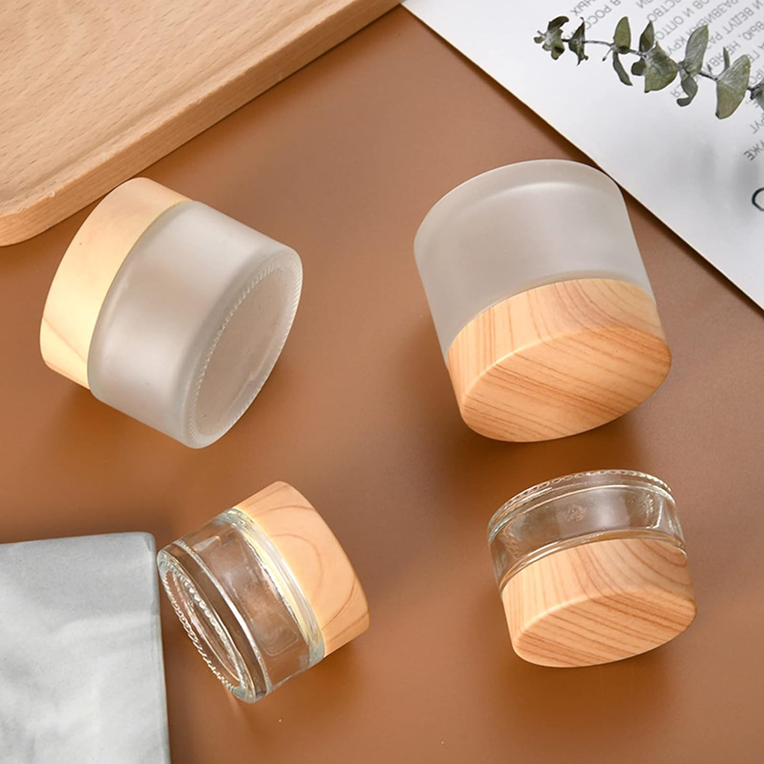 4 PCS Glass Bottles (50G) 50 Gram/Ml Glass Cosmetic Containers with Lids Refillable Matte Cosmetic Cream Jar round Small Lotion Containers with Wood Grain Lid 4 PCS image number 3