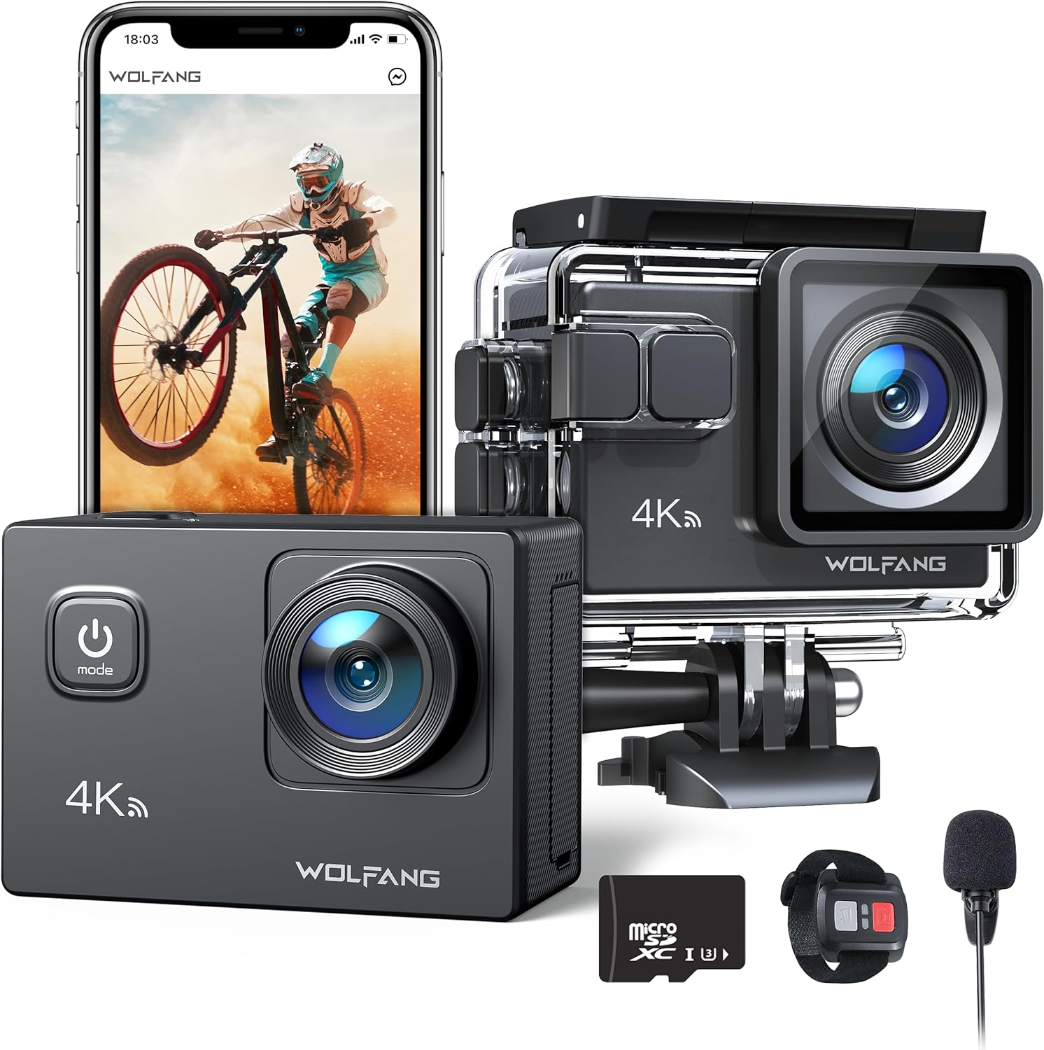 WOLFANG Action Cam 4K30FPS 20MP with 32GB Microsdxc Memory Card Wifi 40M Underwater Camera Waterproof Ice Action Cam Remote Control Microphone Accessory Kit image number 2