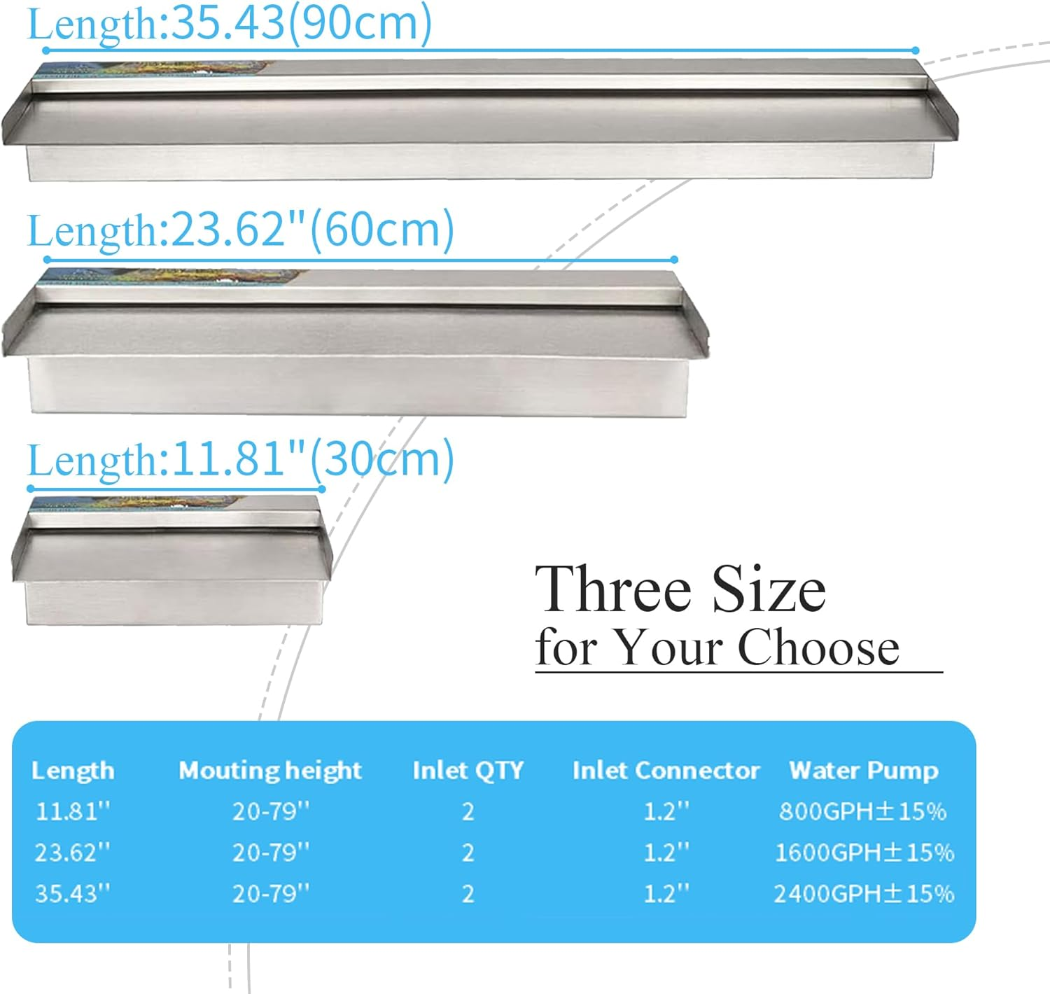 24 Inch Pool Fountain 304 Stainless Steel Waterfall Spillway with Pipe Connector Kits, Wider Water Flow Sheer Descent Platform Water Feature Fountain for Swimming Pool, Outdoor Garden Decor image number 5