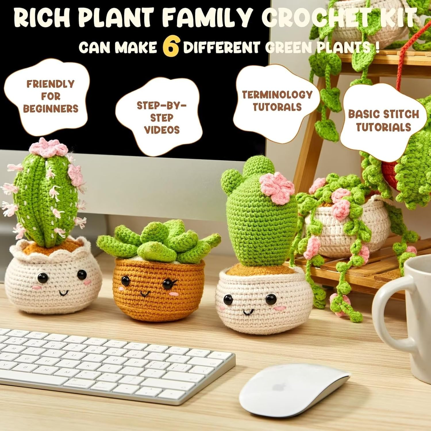 SENIURIS Crochet Kits for Starters, Crochet Beginners Knitting Crochet Kits with 6 Pack Hanging Potted Plants Family. image number 5