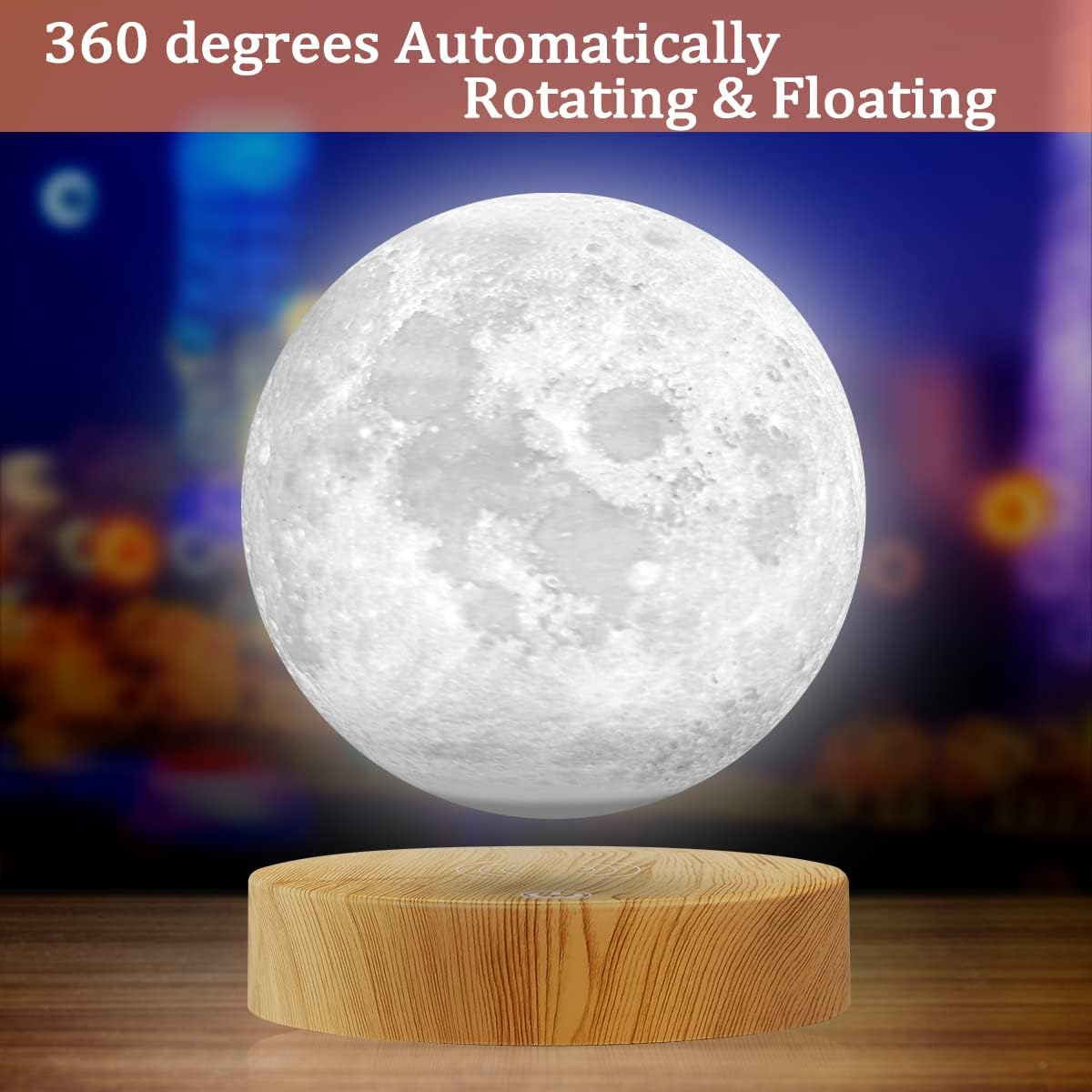 Levitating Moon Lamp - 3 Colors Modes Magnetic Levitation LED Moon Light, Rotation Floating 3D Printing Moon Night Lights for Home Office Desk Room Decoration round Base image number 5