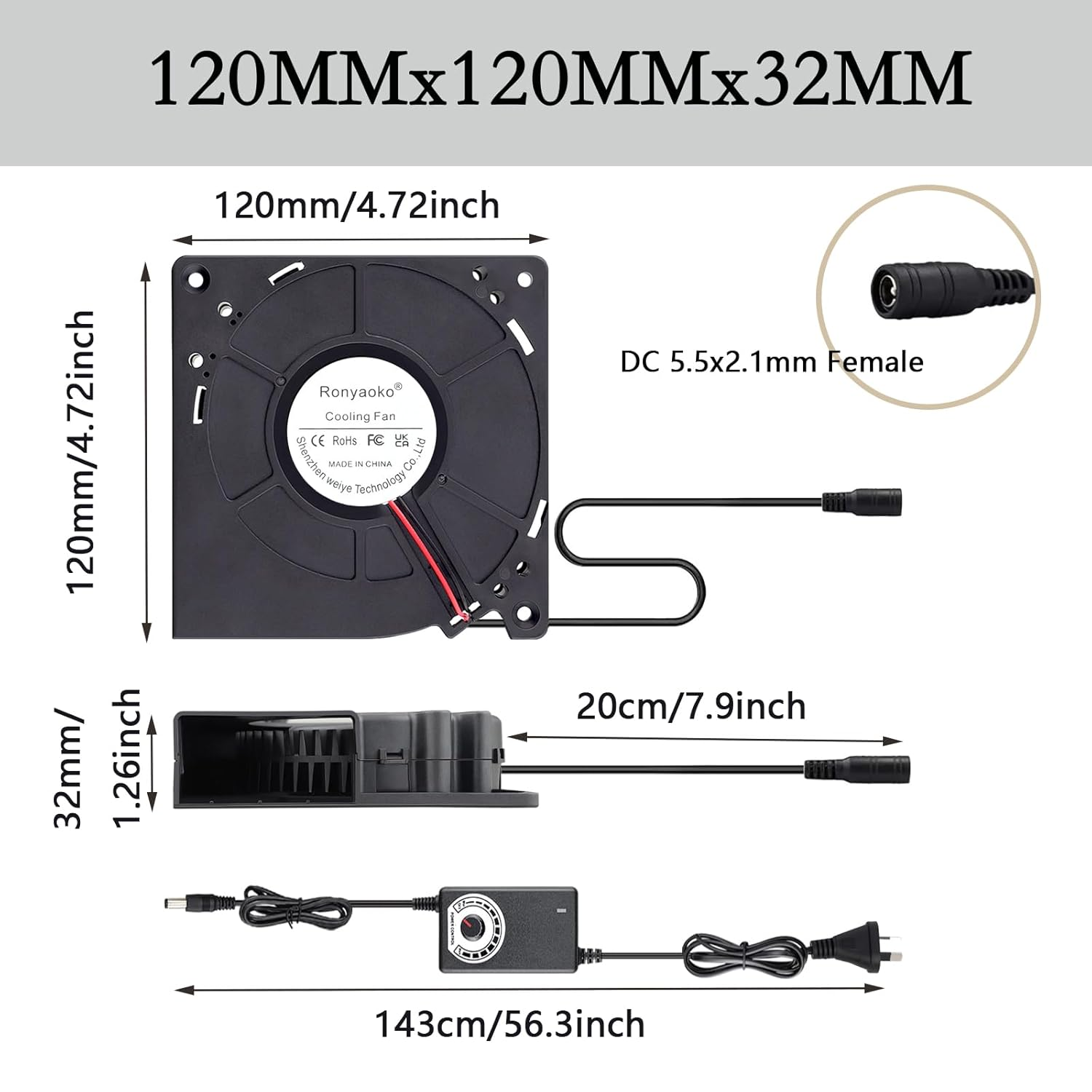 Ronyaoko 120Mm Blower Fan,120Mm X 32Mm Turbo Centrifugal Fan,With AC 100V - 240V Speed Controller 3V to 12V, DC Dual Ball High Airflow,For Receiver DVR Modem AV Cabinet Cooling Ventilation
