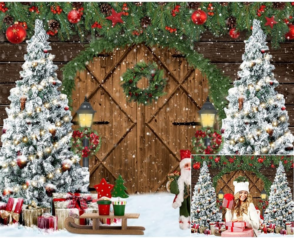 Christmas Backdrop 10X8Ft Wood Barn Winter Christmas Photo Backdrop for Photography Wooden Door Christmas Tree Gifts Snowy Background Kids Adults Family Christmas Eve Party Decoration Props - Nky05219 image number 2