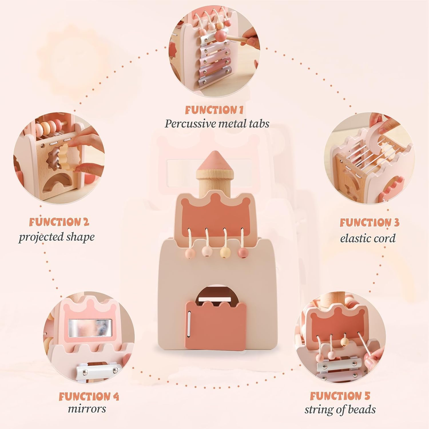 IEATFO Wooden Baby Activity Cube for Toddlers 1-3,5 in 1 Castle Shape Sorter Bead Maze Montessori Toys for Baby 6 Months+, Educational Learning Toy for Kids 1 Year Up image number 2