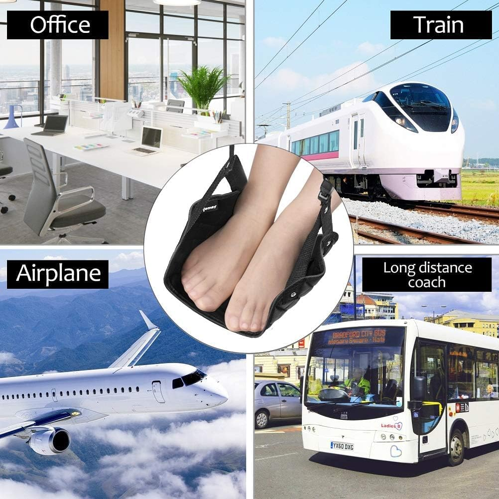 Aieve Airplane Footrest (Memory Foam), Portable Travel Foot Hammock, - Adjustable Airplane Footrest, Comfy Foot Hanger to Relax Your Feet, Reduce Leg Swelling and Soreness- Travel Accessories for Flight, Long-Distance Buses, Train, Office and Home (Black) image number 3