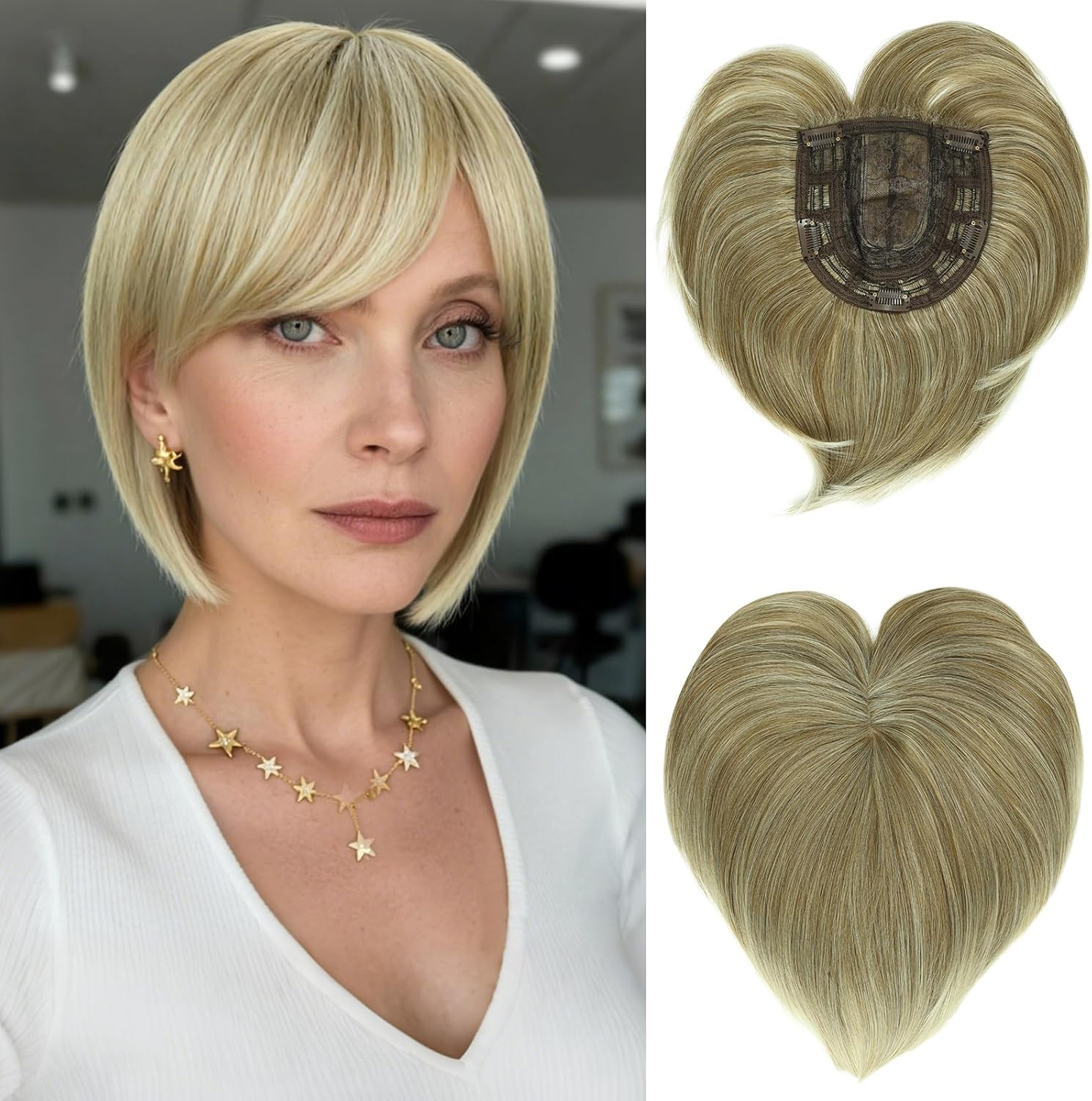 Becus Blonde Wig Short Women'S Pixie Cut Fluffy Synthetic Wig Short Hair Blonde Ombre Dark Root Layered Hair with Fringe Wigs for Women Daily Use (Ash Blonde)