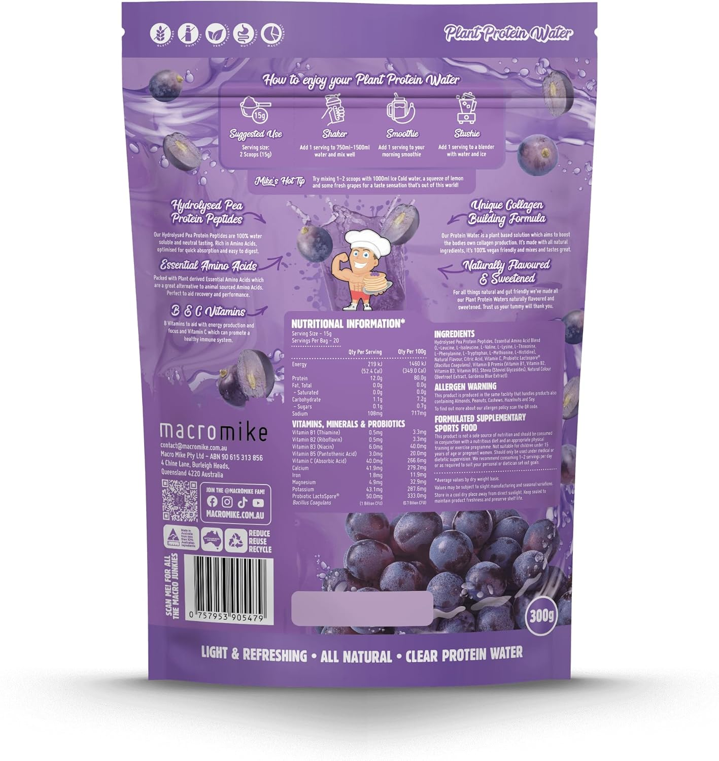 Macro Mike Juicy Grape Plant Protein Water 300 G image number 1