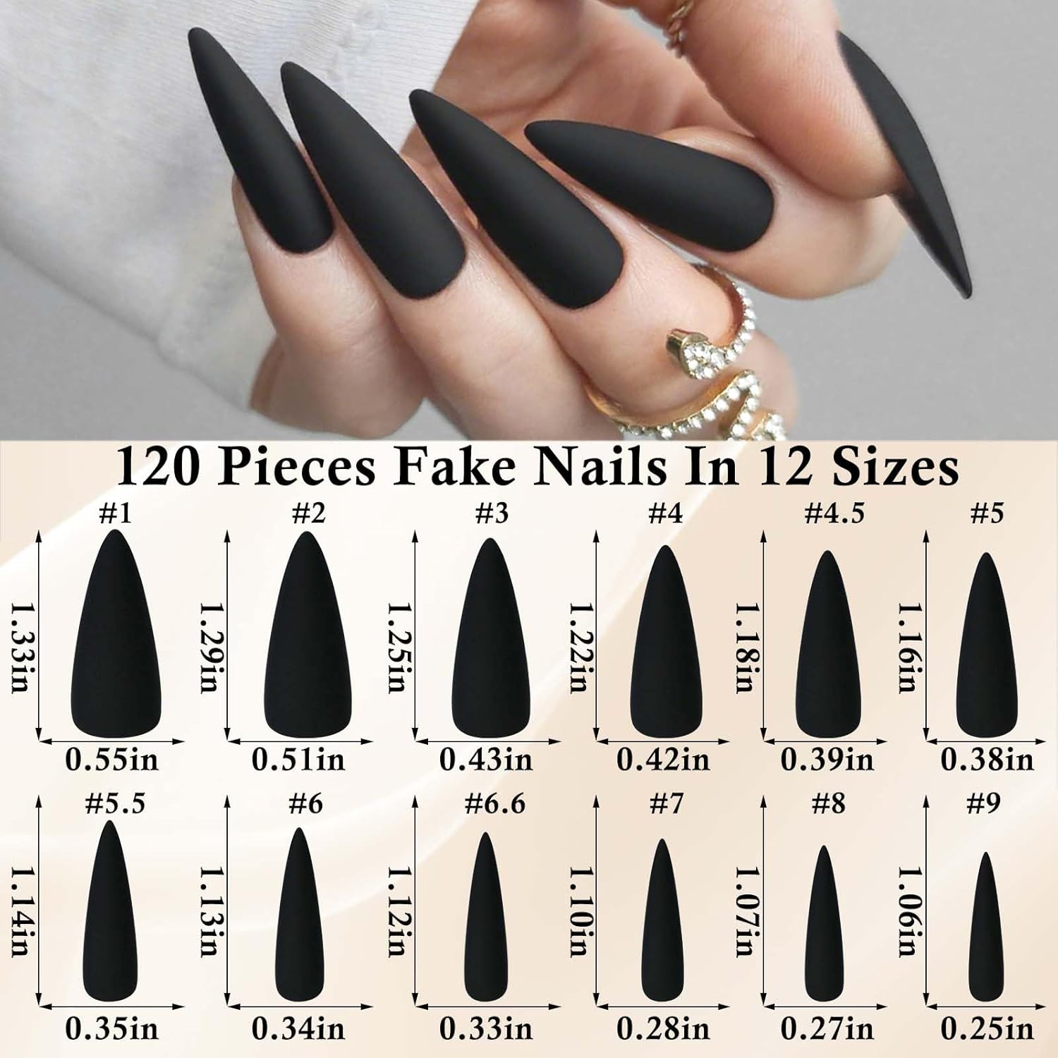 Loveourhome 100Pc Stiletto Press on Nails Long Matte Artificial False Nails Full Cover Acrylic Nail Tips Halloween Manicure Design Decor for Women Girls Salon Home DIY (Black) image number 3