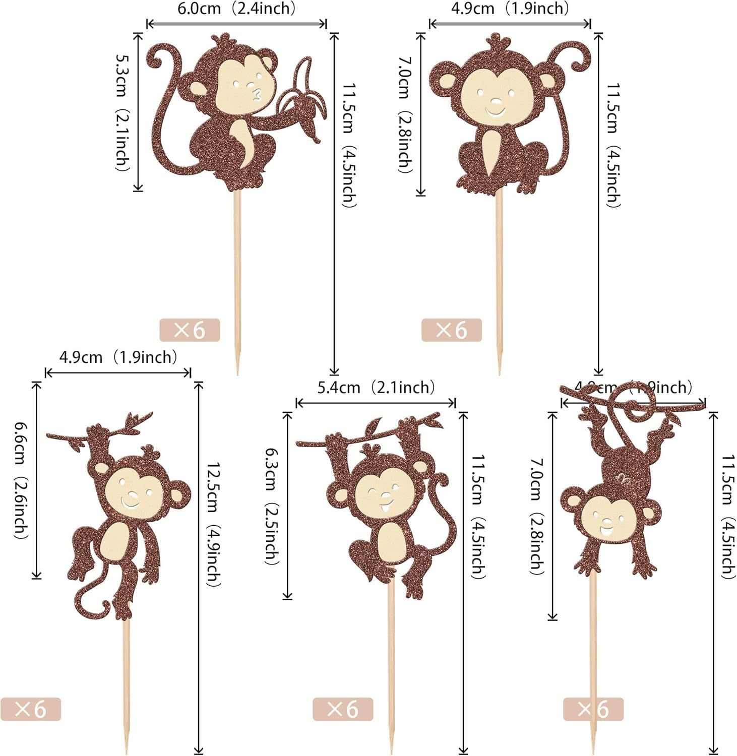 SYKYCTCY 30 Pack Monkey Cupcake Toppers Glitter Cut Monkey Animal Cupcake Picks for Forest Animals Zoo Theme Baby Shower Birthday Cupcake Decorations Party Supplies (Color-01) image number 6