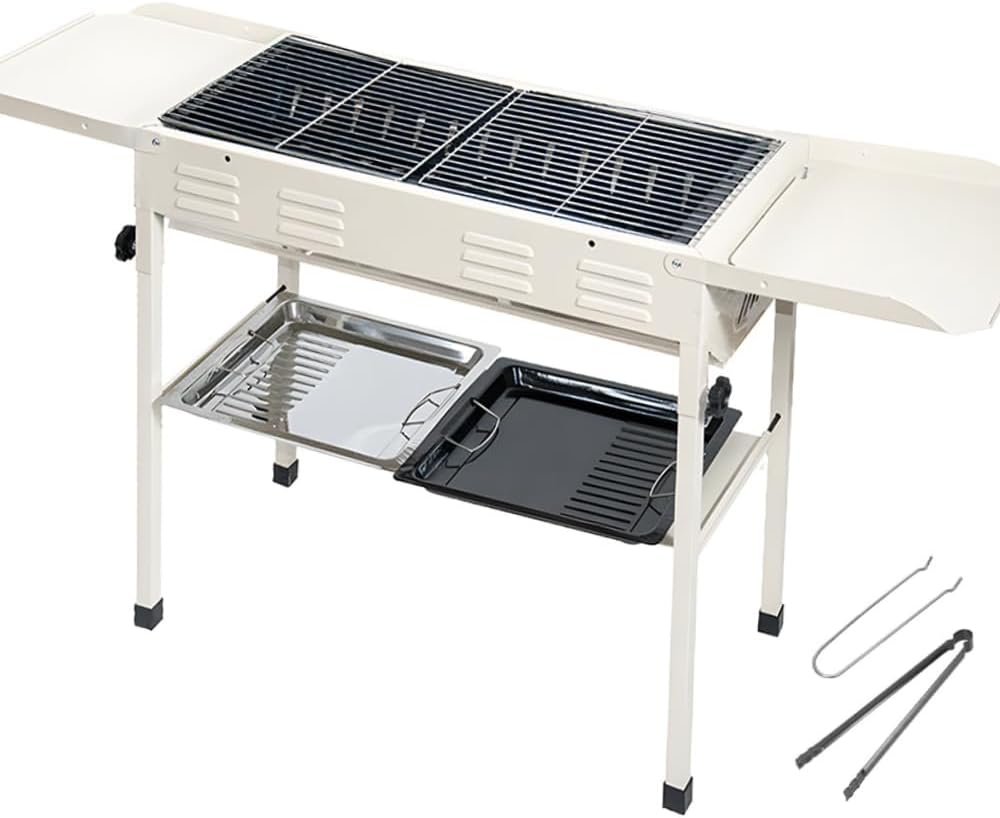 ALSTON Portable Large Barbecue Charcoal Grill Stove Foldable Charcoal Outdoor Camping Barbecue Stainless Steel BBQ Grill, with 2 Grill Nets 2 Enamel Baking Pans Tong, 122X55X31Cm image number 4