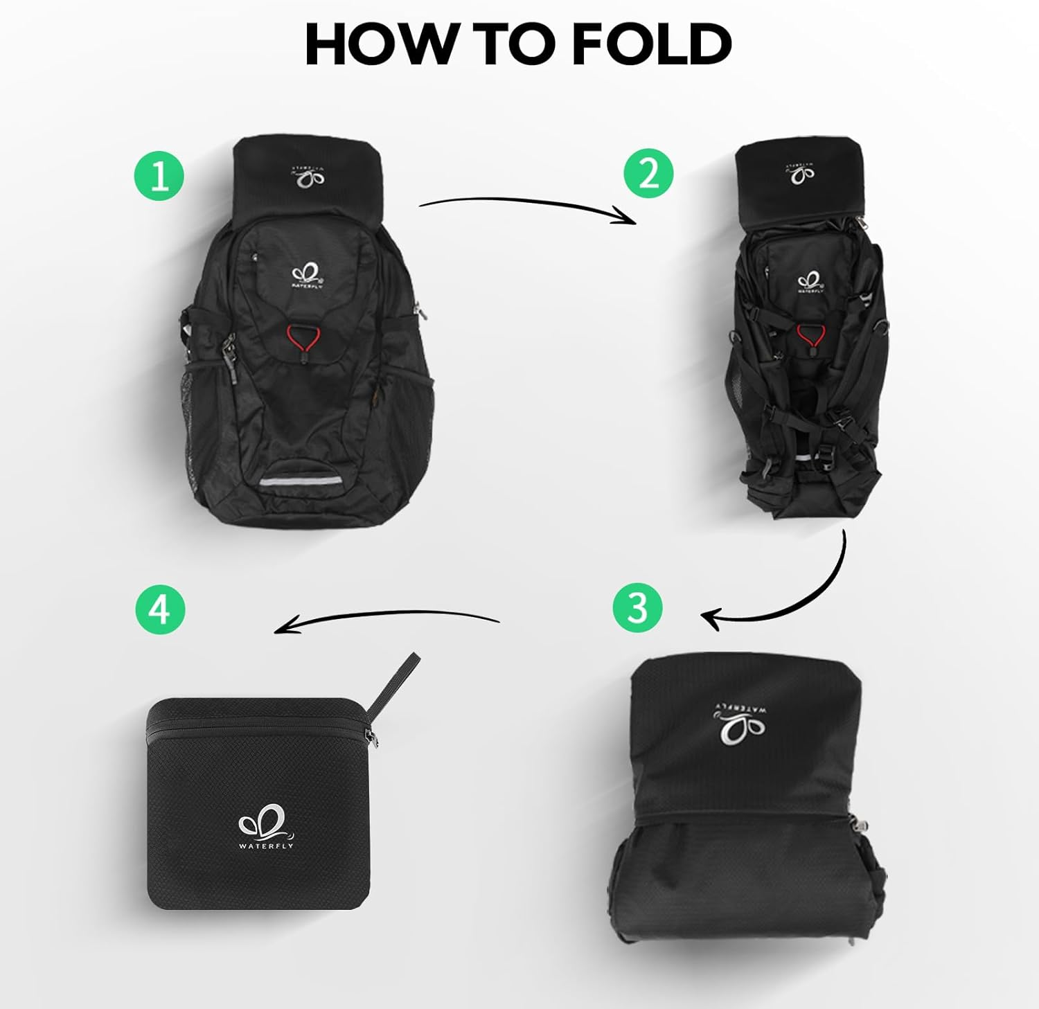 WATERFLY Lightweight Packable Hiking Backpack： Foldable Travel Daypack Camping Ultralight Day Pack for Woman Man - Black image number 4