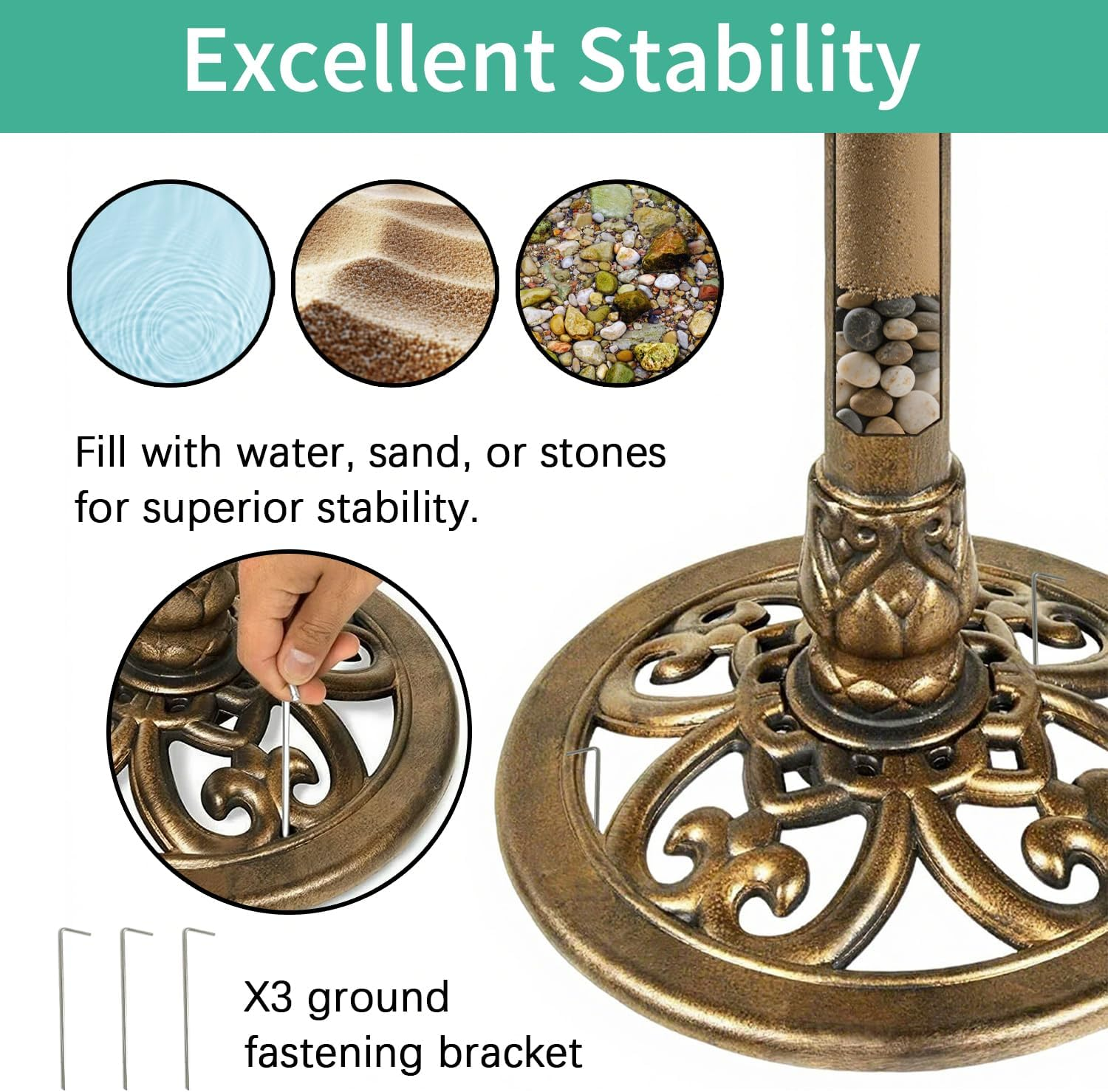 Antique Style 23.2" Tall Bird Bath - Lightweight Resin Base Bird Feeder with Gold Decorative Finish and Anti-Tip Design for Patio or Garden Use