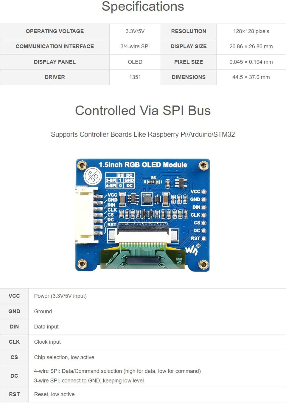 Waveshare 1.5 Inch RGB OLED Display Module 128X128 Pixels 16-Bit High Color 65K Colors Display with Embedded Controller SPI Interface image number 1