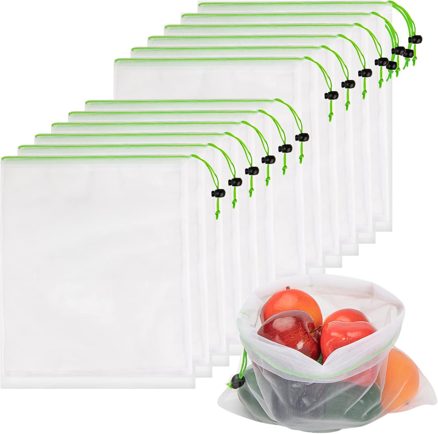 Set of 8 Reusable Mesh Produce Bags- Washable Produce Bags - 8 Blue Large (12"X17") See-Through Mesh Produce Bags for Storage Fruit, Vegetable, Toy