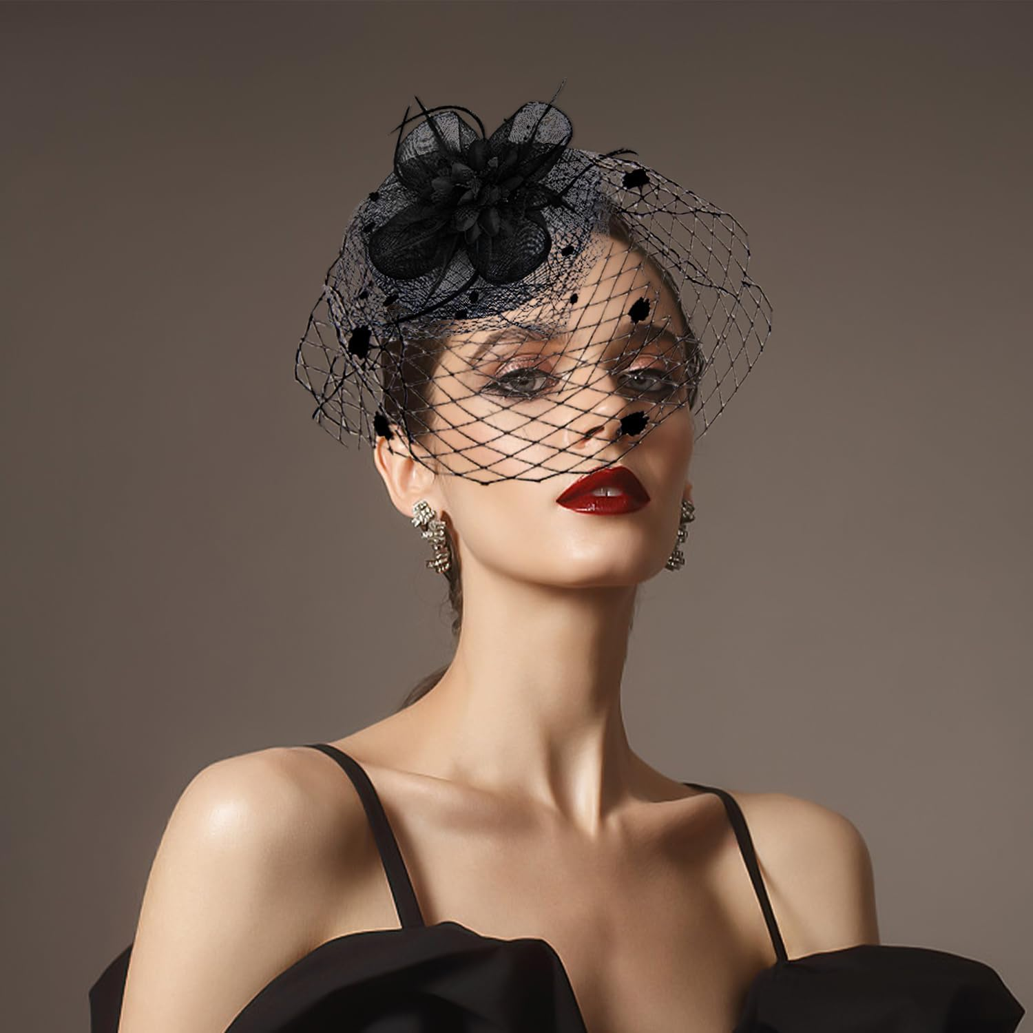 1 Piece Veil Headband, Net Headpiece, Bridal Hair Accessories, Flower Clip with Feathers, Headband with Hat (Black) image number 5