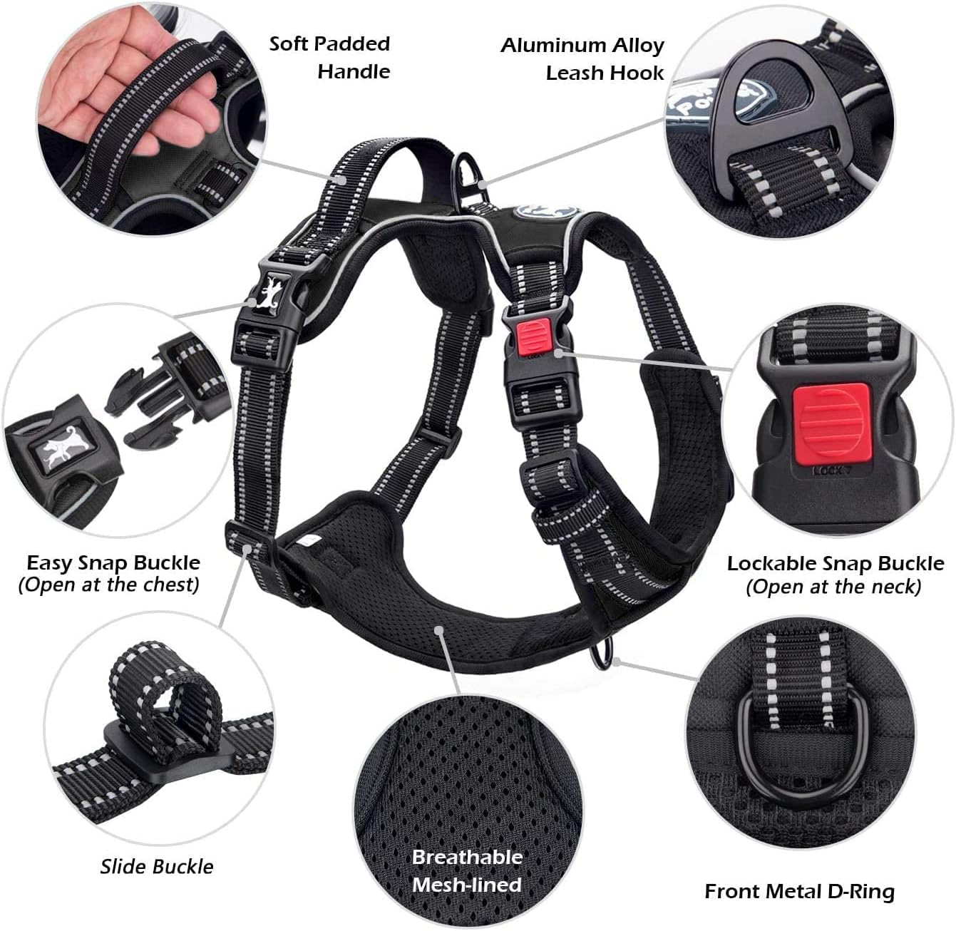 Poypet No Pull Dog Harness, No Choke Reflective Oxford Outdoor Vest, Adjustable Pet Harnesses with 2 Leash Clips, Easy Control Padded Handle for Small Medium Large Dogs (Black,S)