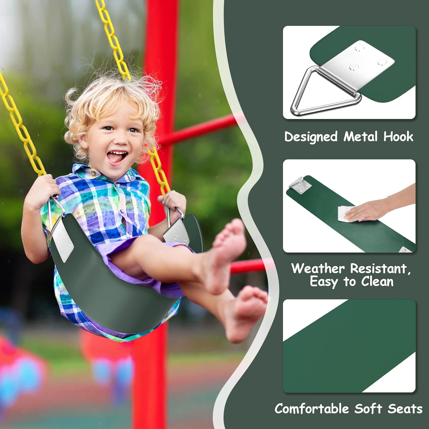 Swing Set, AGPTEK Swing Seat with 66 Inch Anti-Rust Chains Thermoplastic Coated, Support 250Lb, Swing Seat Cushion Accessories Replacement with Snap Hooks for Outdoors, Playground, Jungle & Gym(Green) image number 5