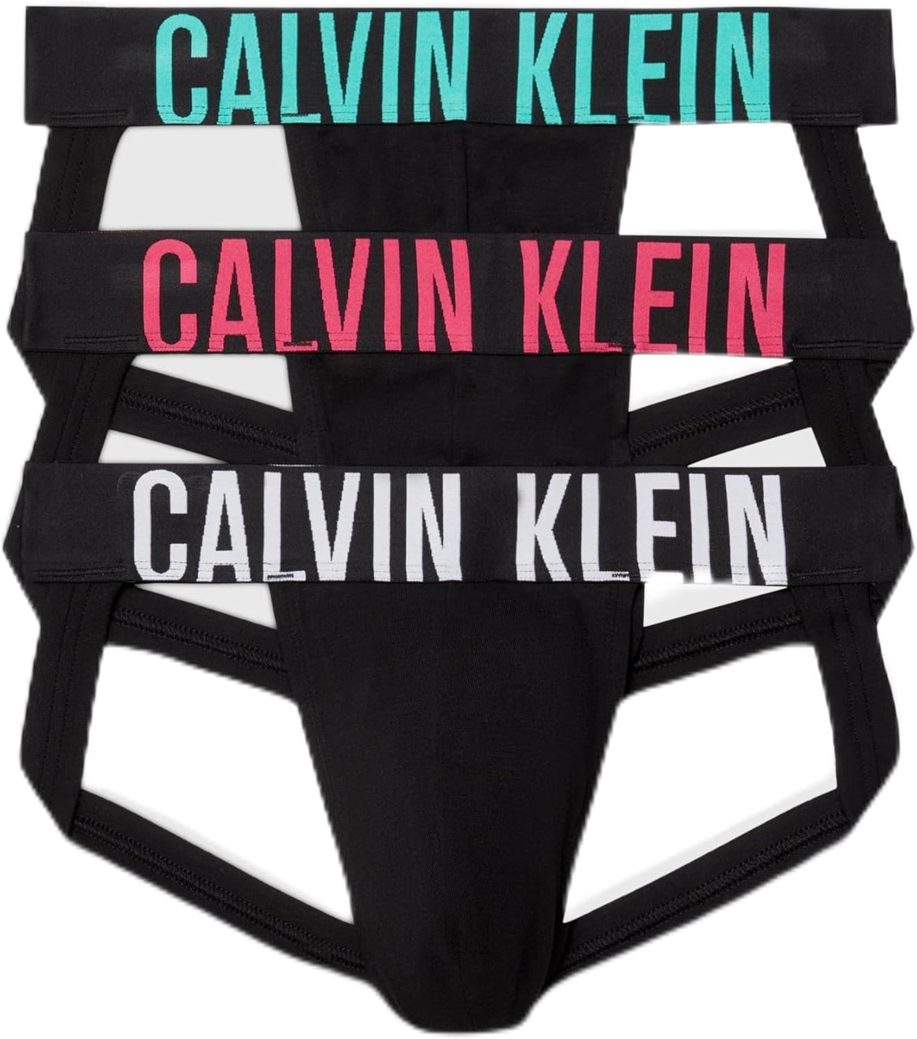 Calvin Klein Men'S Intense Power Cotton Jock Strap, Black Bodies with White/Fuchsia Fedora/Atlantis Logo Waist Bands, Large (Pack of 3)