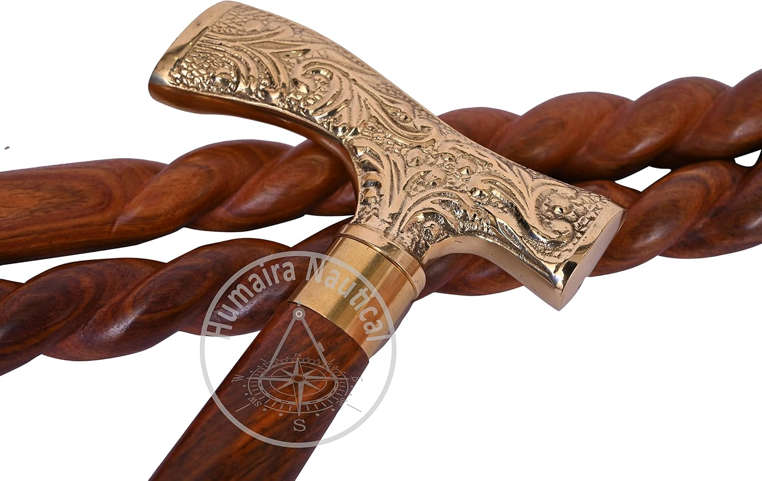 Humaira Nautical Walking Stick - Men Derby Canes and Wooden Walking Stick for Men and Women - 37" Brown Ebony Brass T Shape Handle in Golden Tone Natural Wood Unisex Cane