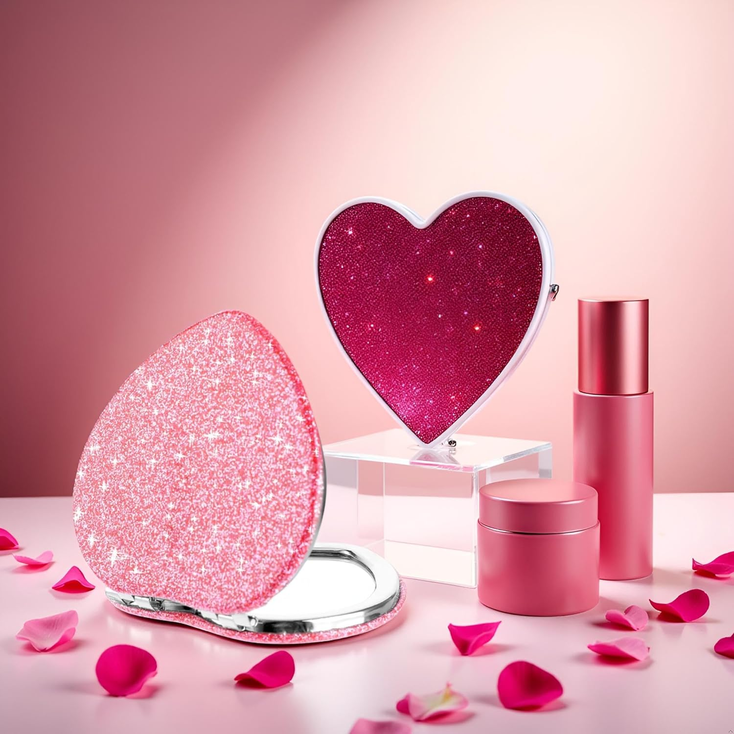 Compact Folding Mirror Heart Shaped Magnifying Mini Vanity Mirror Portable Travel Makeup Mirror for Purse Double-Sided Cute Glitter Cosmetic Mirror for Women Handbag Wallet Home Office Mirrors image number 2