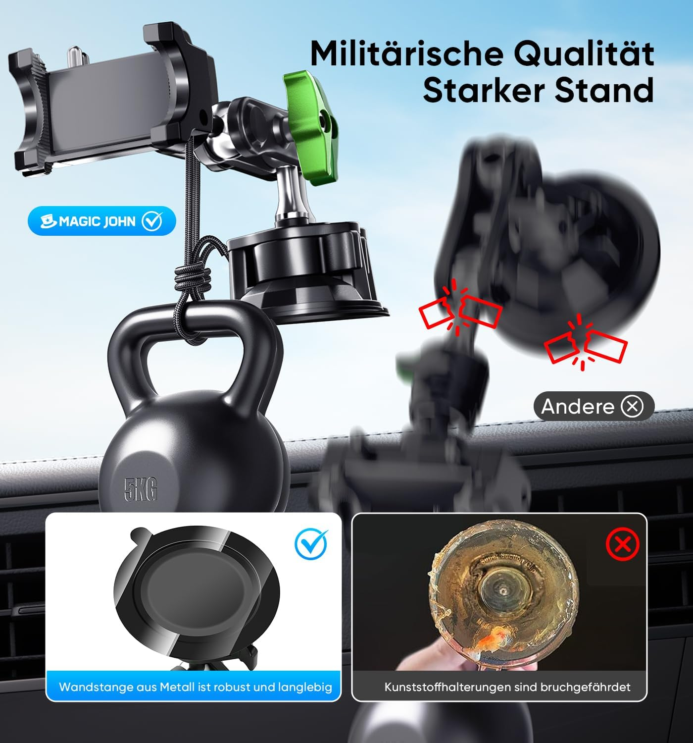 MAGIC JOHN Mobile Phone Holder Car, 360&deg; Rotatable Car Phone Holder, Strongest Suction Power and Stable Clamp, Car Mobile Phone Holder for Iphone Samsung, Car for 4-7 Inch Smartphone (Long) image number 1