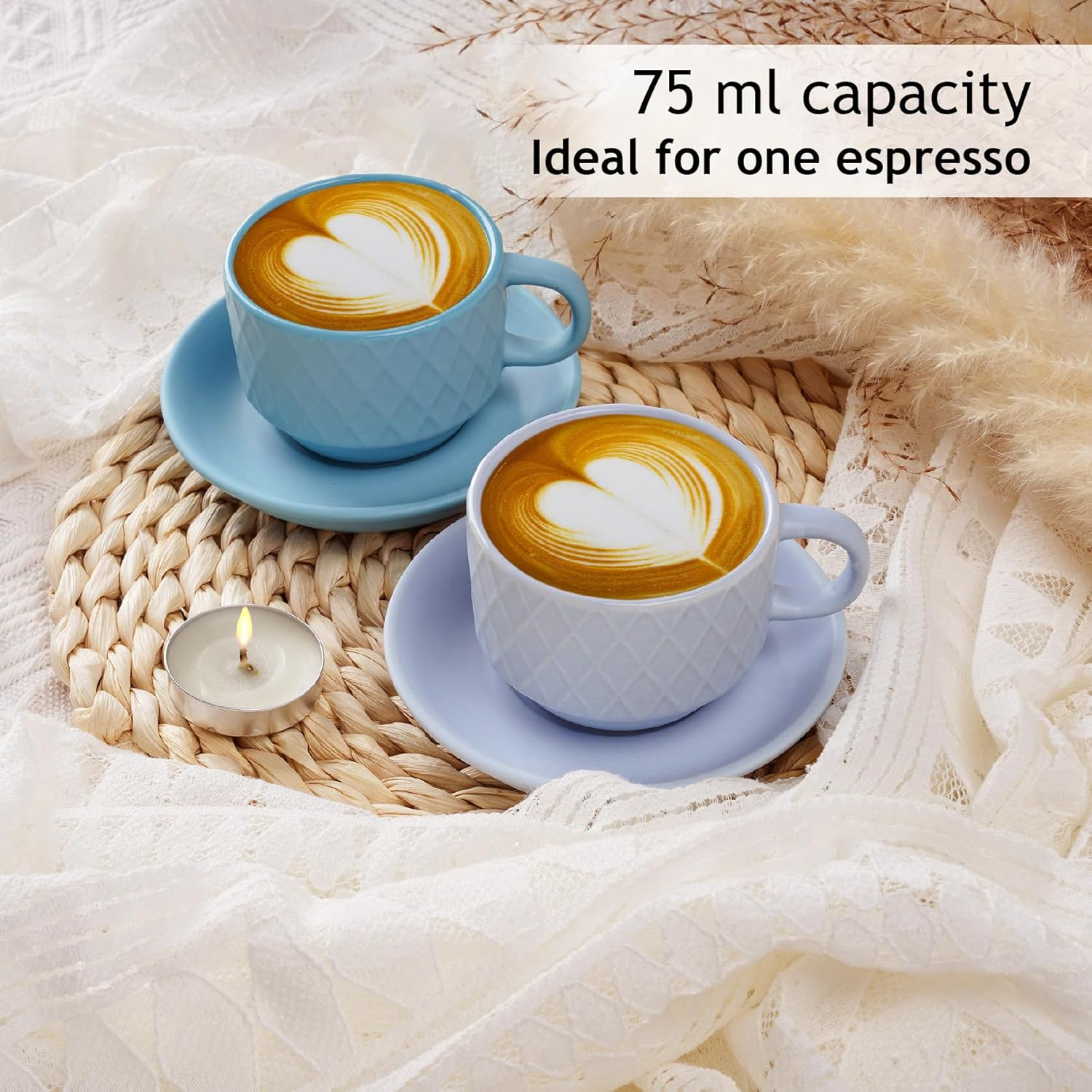 MIAMIO - 6 X 75 Ml Stoneware Espresso Mug, Cup Set Modern with Stand and Saucers - Palmanova Collection (Ocean Blue) image number 3