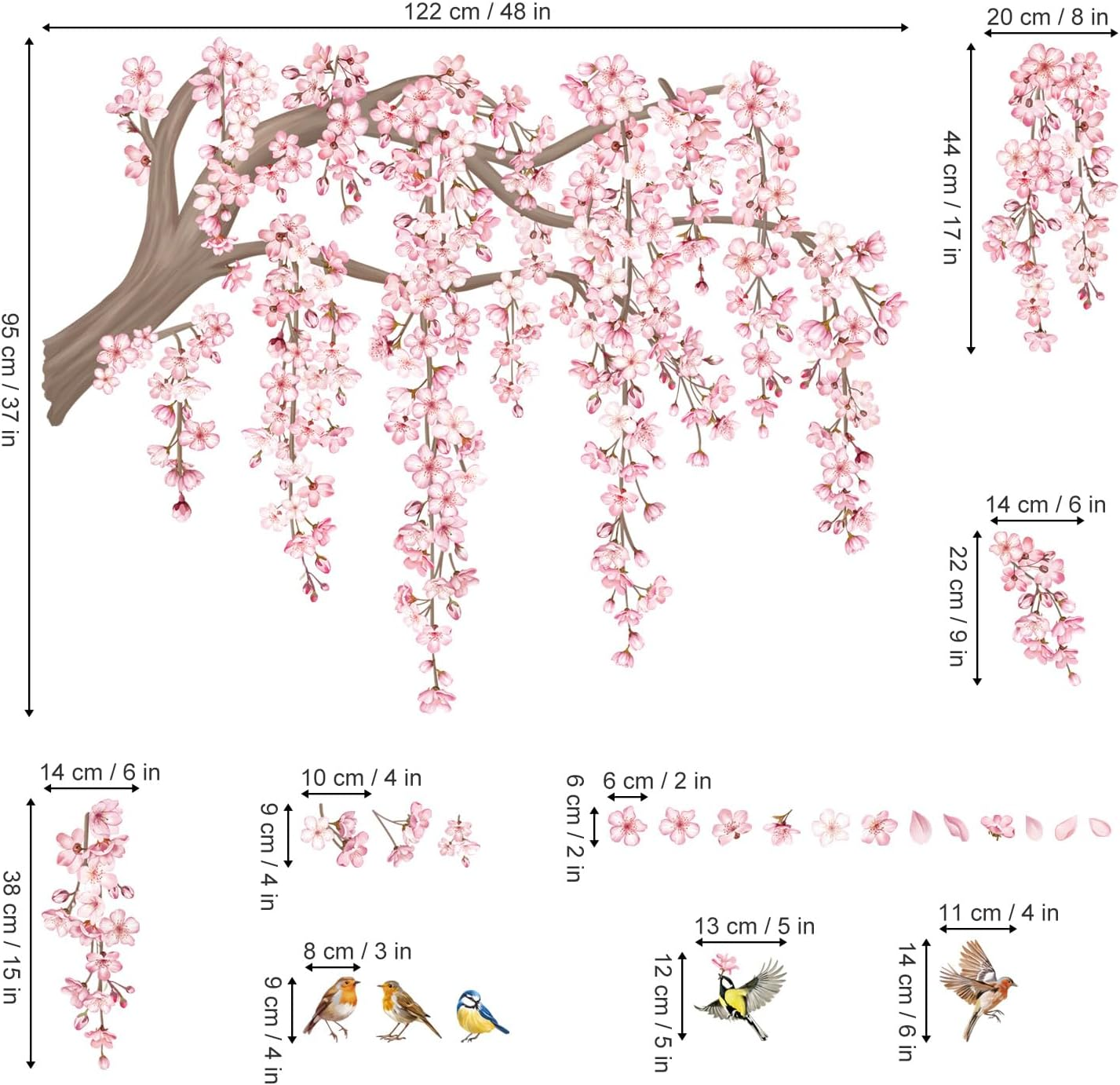 Decalmile Large Pink Flower Tree Branch Wall Decals Cherry Blossom Tree Floral Birds Wall Stickers Living Room Bedroom Tv Background Wall Decor image number 3