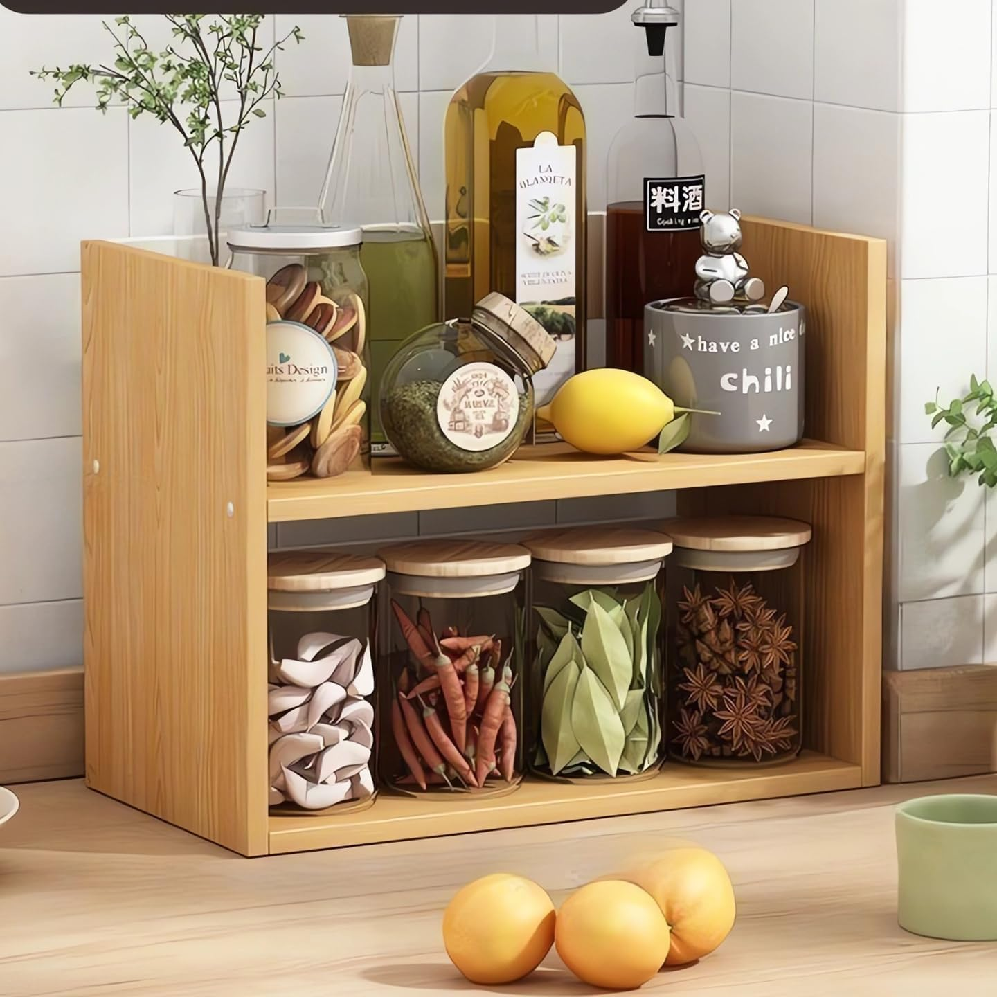 Hbluefat Desktop Organizer Shelf, Small Desk Bookshelf, Wooden Tabletop Mini Bookcase, Desktop Display Storage Rack for Home Office Kitchen (Teak)