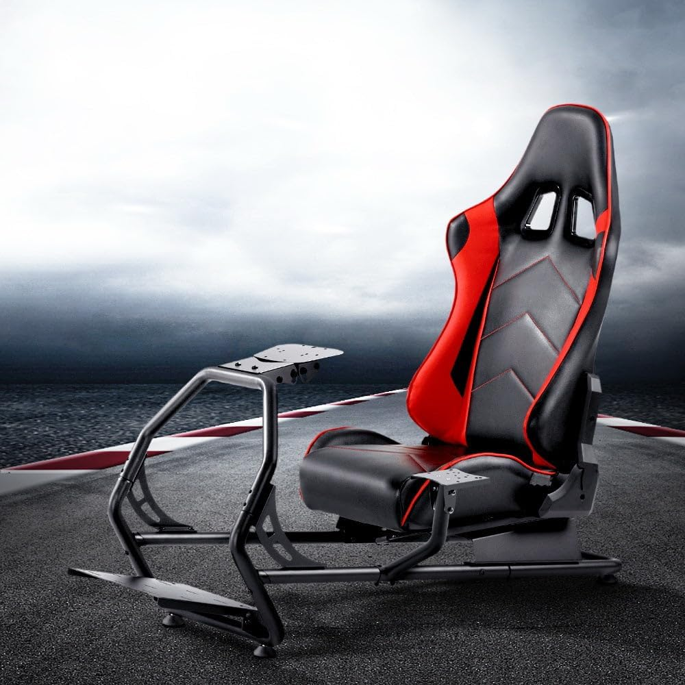 Artiss Racing Simulator, Foldable Sim Steering Cockpit Wheel Adjustable Gaming Chair Leather Seat Thrustmaster for Home Bedroom with Rubber Foot Pads, Black Red image number 5