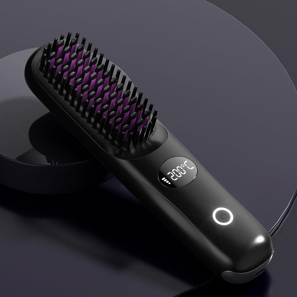 Xioaue Cordless Ceramic Heated Hot Brush 3 Temp Settings 160-200&deg;C Heat Brush LCD Display Electric Hot Comb for Smooth