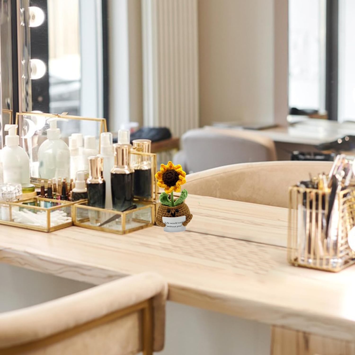 Positive Crochet Potted Plant Doll Mini Cute Sunflower Crochet Life Funny Knitted with Positive Card Emotional Support Potted Plant Creative Gifts for Friends Party Decoration Encouragement image number 2