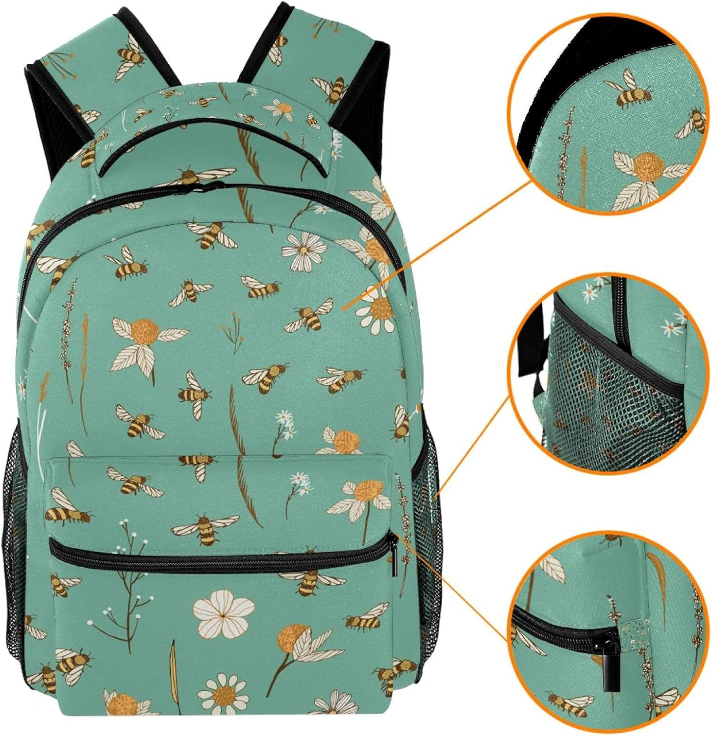 Bees and Flowers Pattern Backpack Students Shoulder Bags Travel Bag College School Tote Backpacks image number 4
