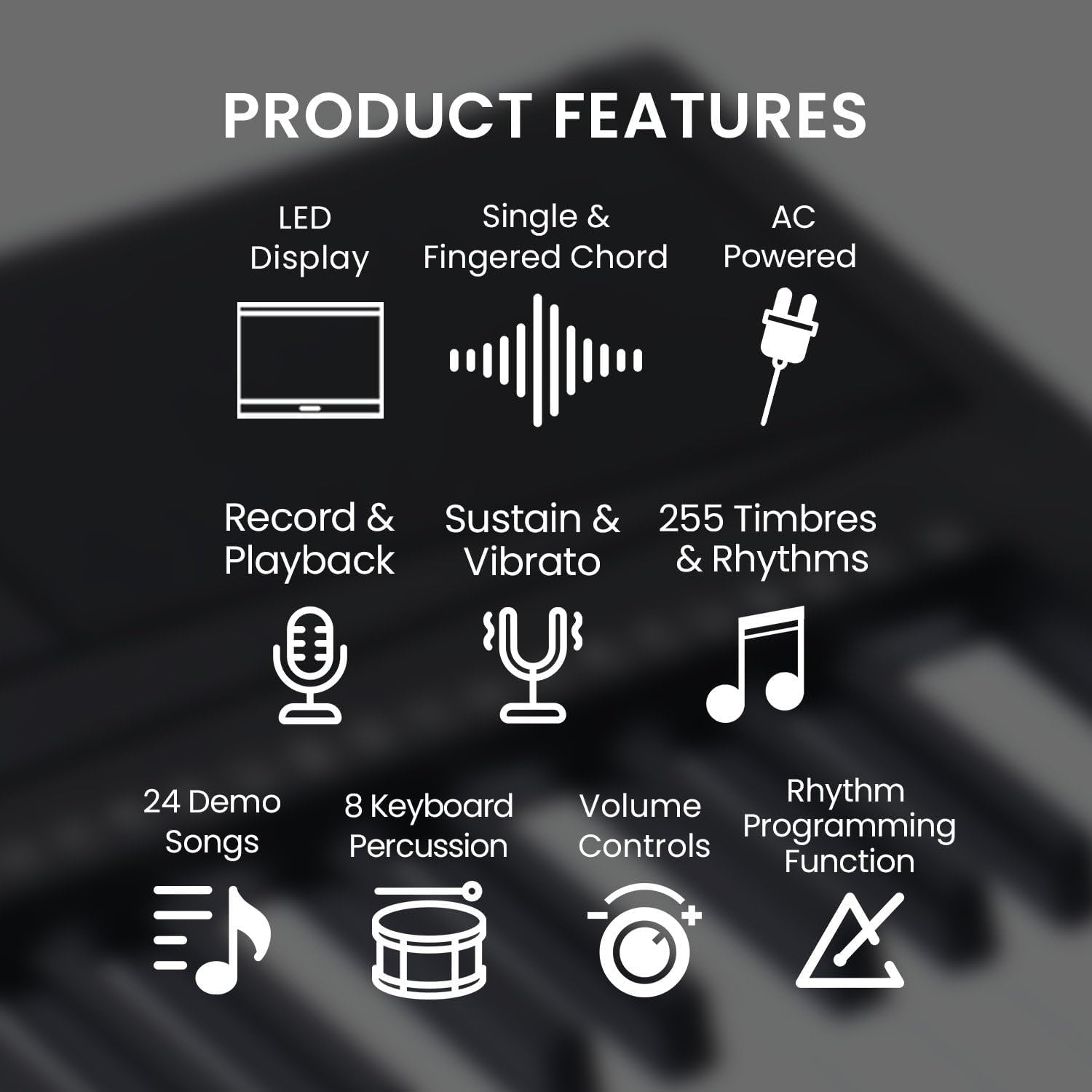 Karrera 61-Key Electronic LED Keyboard 75Cm Portable Piano in Black with Microphone Input, Headphone Output, 255 Timbres & Rhythms image number 6