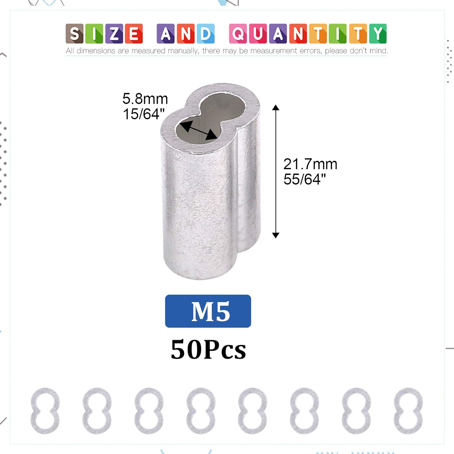 Glarks 50Pcs 3/16''(5Mm) Aluminum Crimping Loop Sleeve Wire Rope Sleeves Double Barrel Ferrule for Wire Rope and Cable Line End (3/16''-50Pcs) image number 2