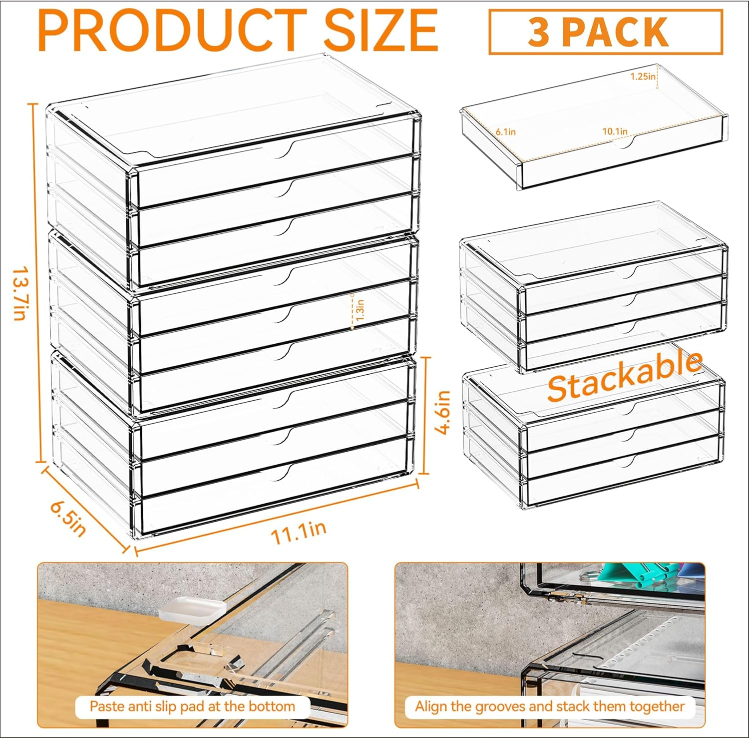 Yieach 11.1 Inch Long Clear Drawer Organizers Stackable,3 Pack Small Acrylic Drawers,School,Office Supplies Organizer and Storage Bins for Stationery,Marker,Pen,Pencil,Craft Desktop Storage Drawers image number 6