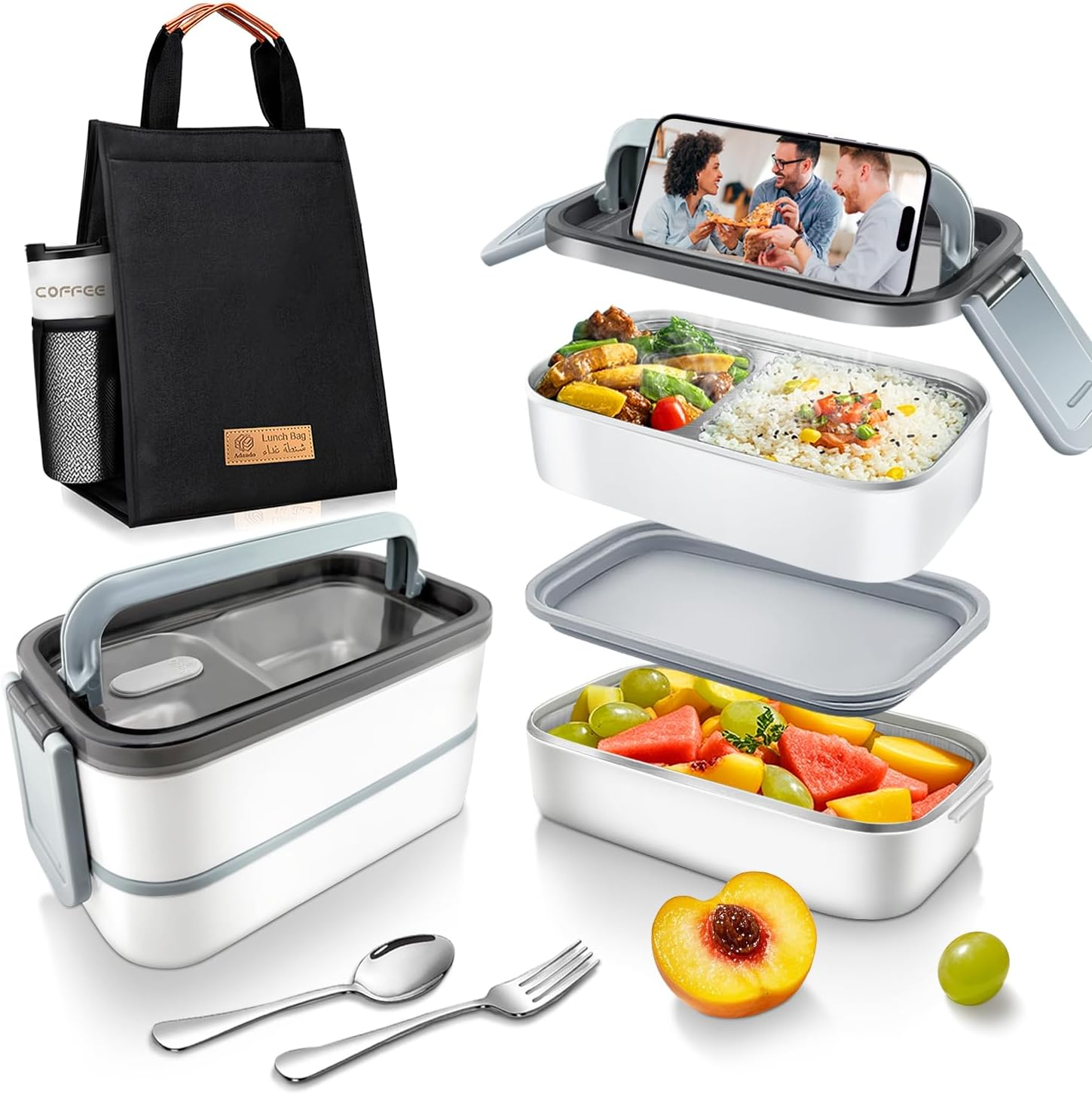 Stainless Steel Lunch Box: 1400Ml 304 Stainless Steel - BPA Free Leakproof Bento Box with Microwave-Safe - Thermal Insulation Detachable for Adults Students for Office School Worksites (White)