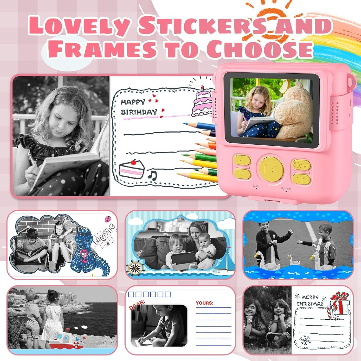 Kids Camera - Children'S Instant Camera Print 1080P 2.4 Inch Screen, Digital Camera with 16X Digital Zoom, 32GB TF Card, Card Reader, Colored Pens for 3-12 Boys and Girls Years Gift PINK - Purple image number 3