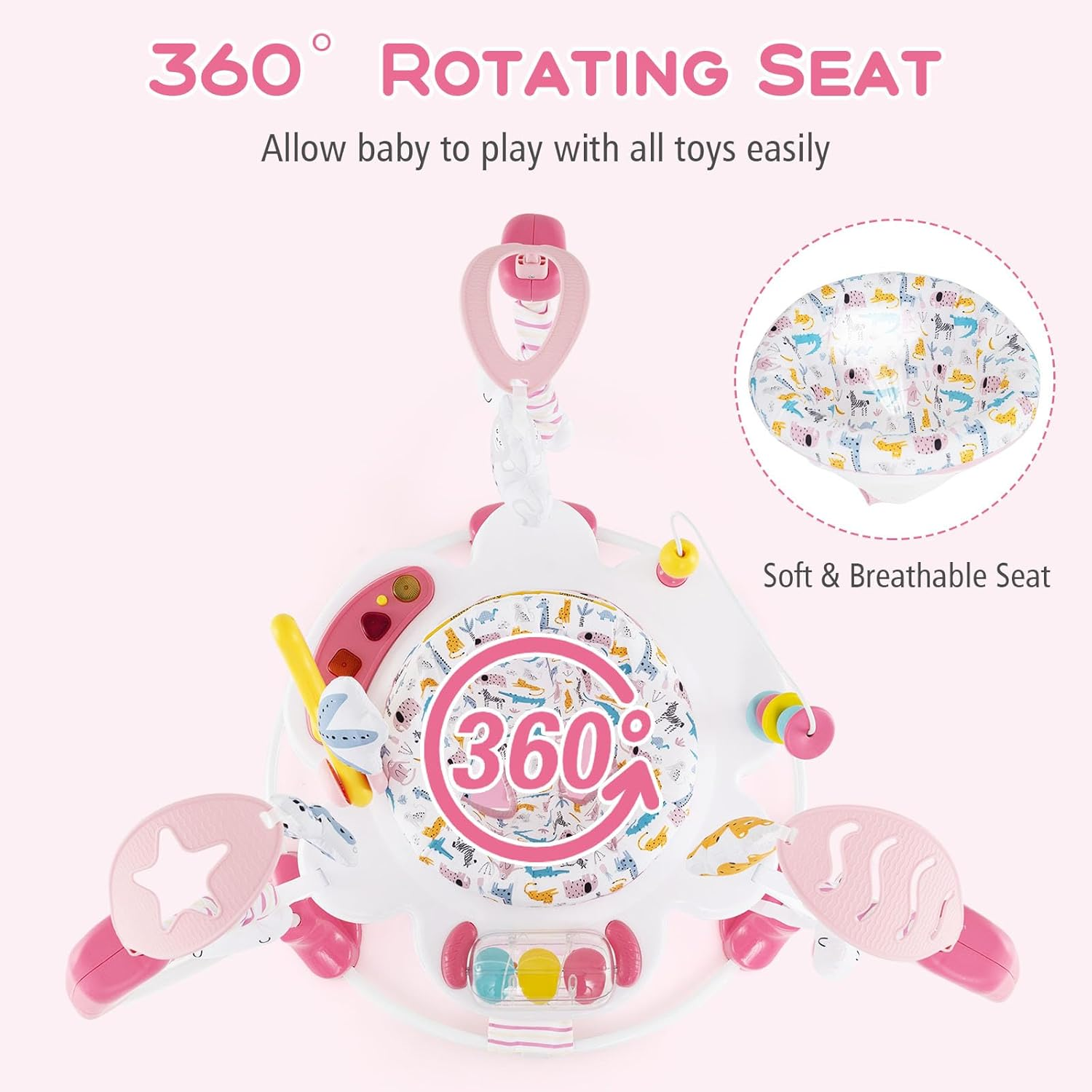 INFANS Baby Activity Center, 3 in 1 Play Center Jumpers with Music, Lights, Interactive Toys, 360&deg;Rotating Seat, 3 Adjustable Heights, Exersaucer Learning Toys for Baby 6-12 Months (Pink) image number 3